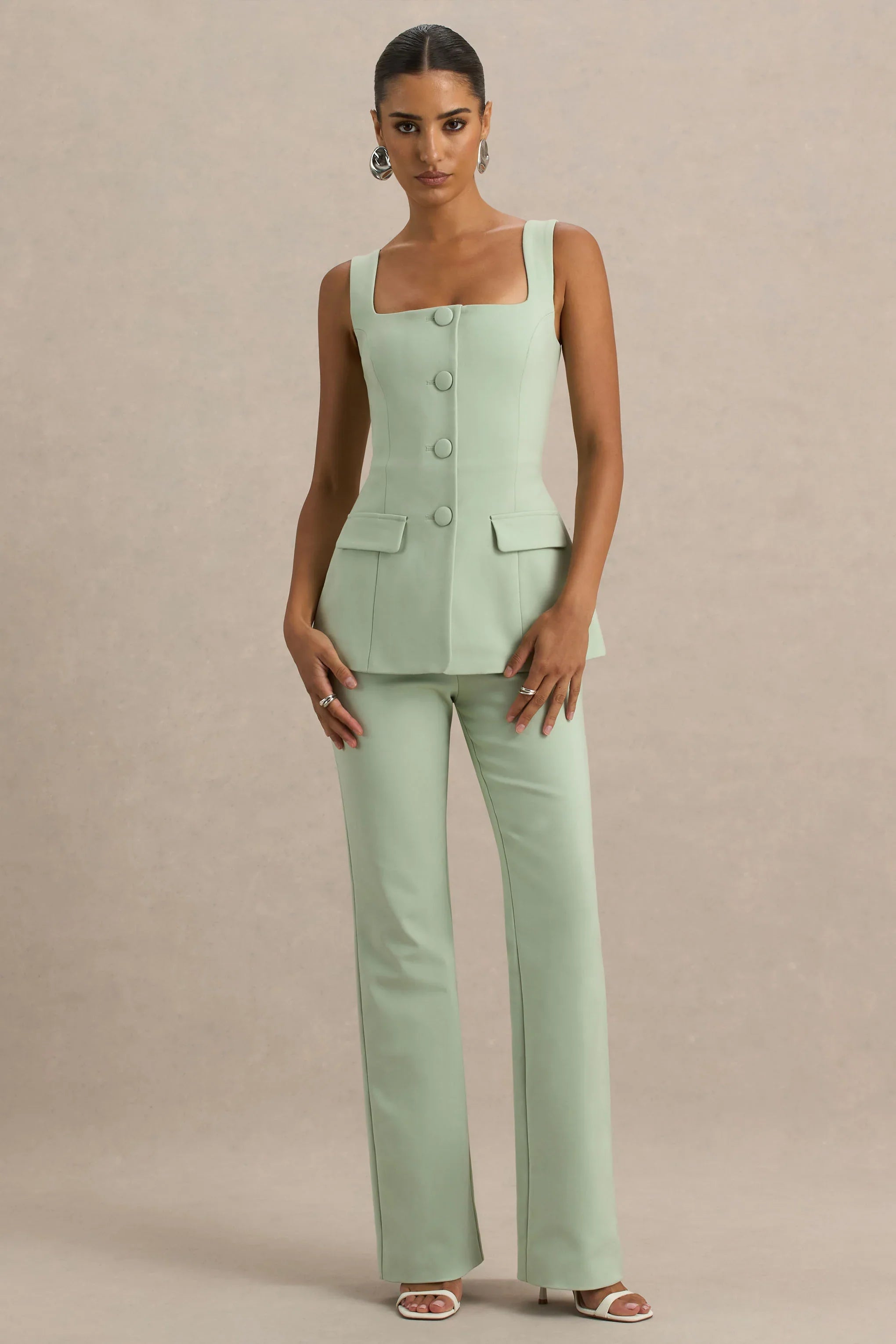 Aceline Light Green Square Neck Tailored Jumpsuit