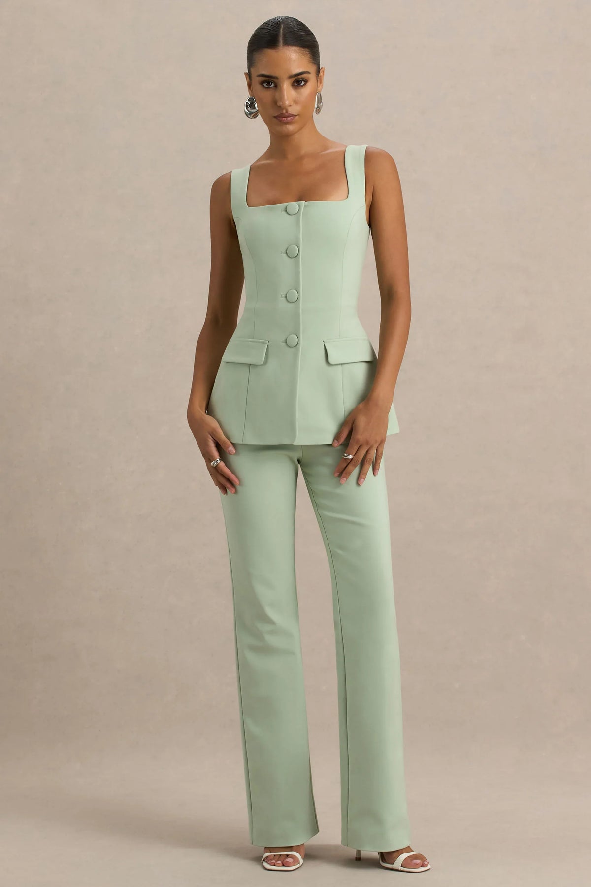 Aceline Light Green Square Neck Tailored Jumpsuit