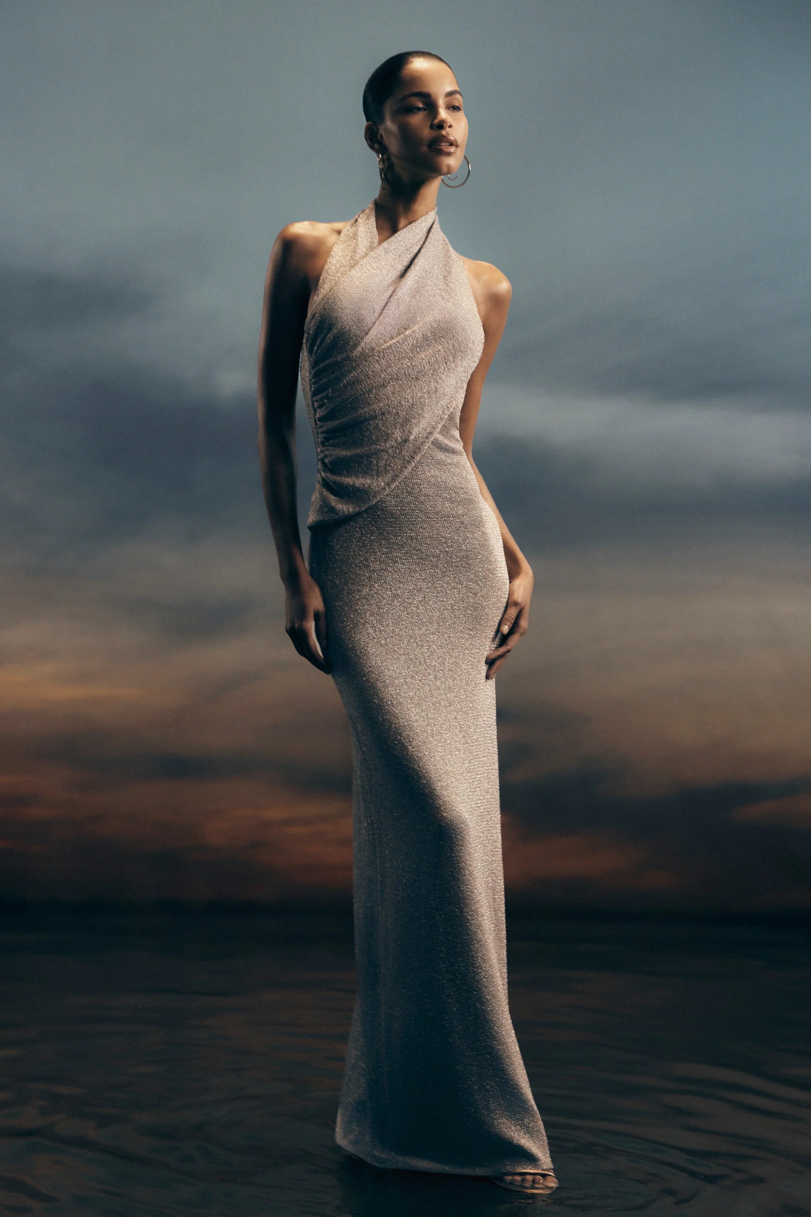 Elma Lurex Knit Halter Maxi Dress Silver