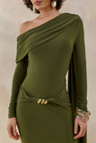 Bessy Green Asymmetric Neck Maxi Dress With Gathered Detailing And Sash