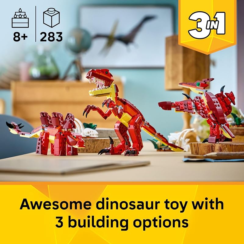 LEGO Creator 3 in 1 Fierce Dinosaur Building Toy for Boys Girls Ages 8 Gift for Birthdays Kids Build 1 of 3 Prehistoric Animal Figures 31379