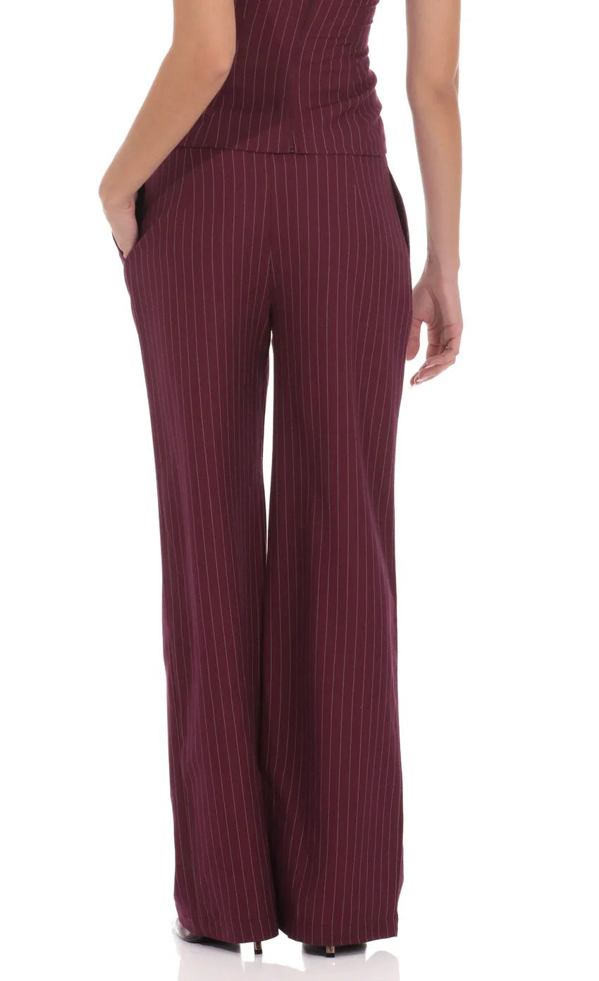 Pinstripe Wide Leg Linen Pants in Burgundy
