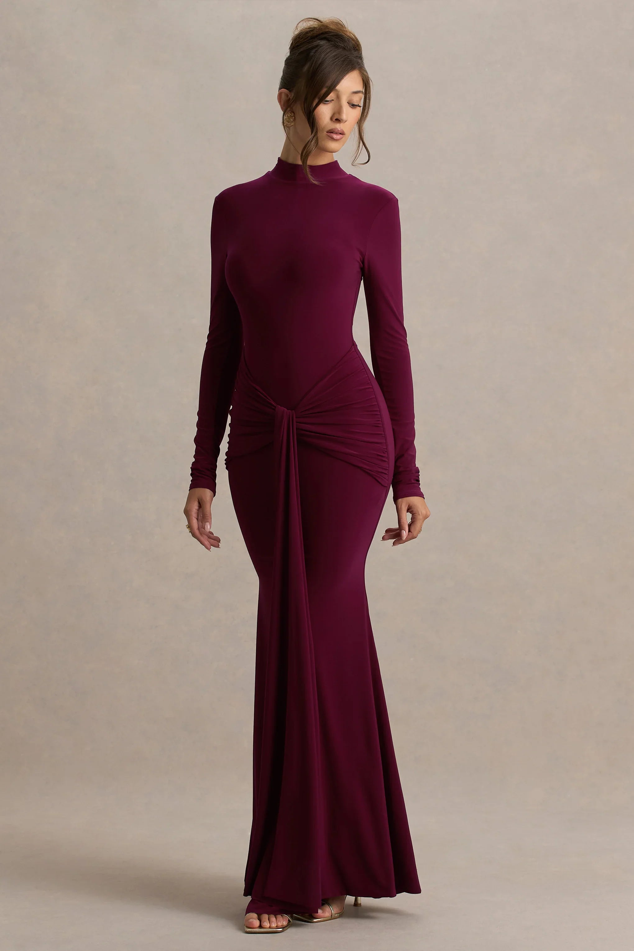 Pietra Berry High Neck Long Sleeve Knot Maxi Dress