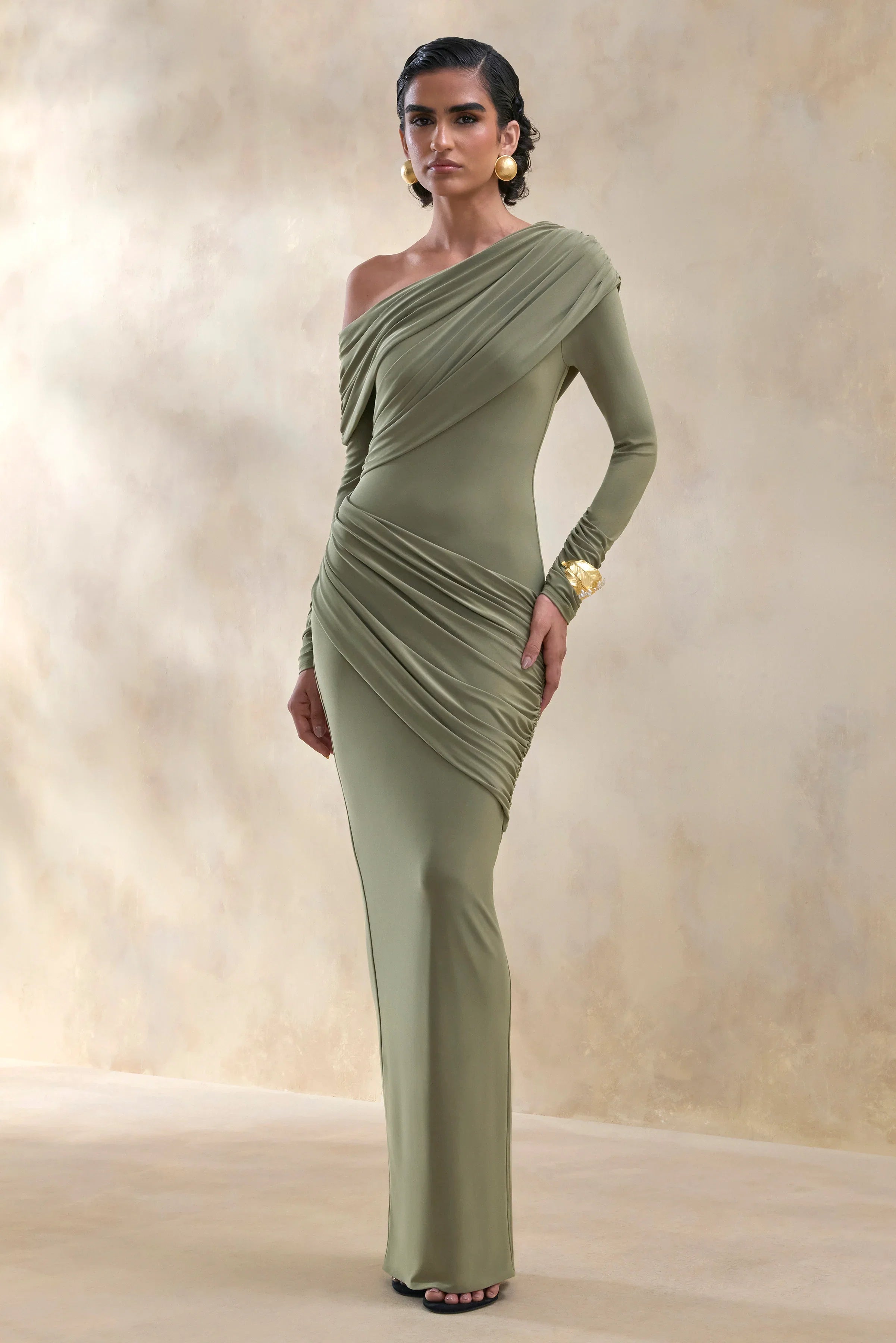 Rosirene Olive Asymmetric Neck Maxi Dress With Draped Detailing