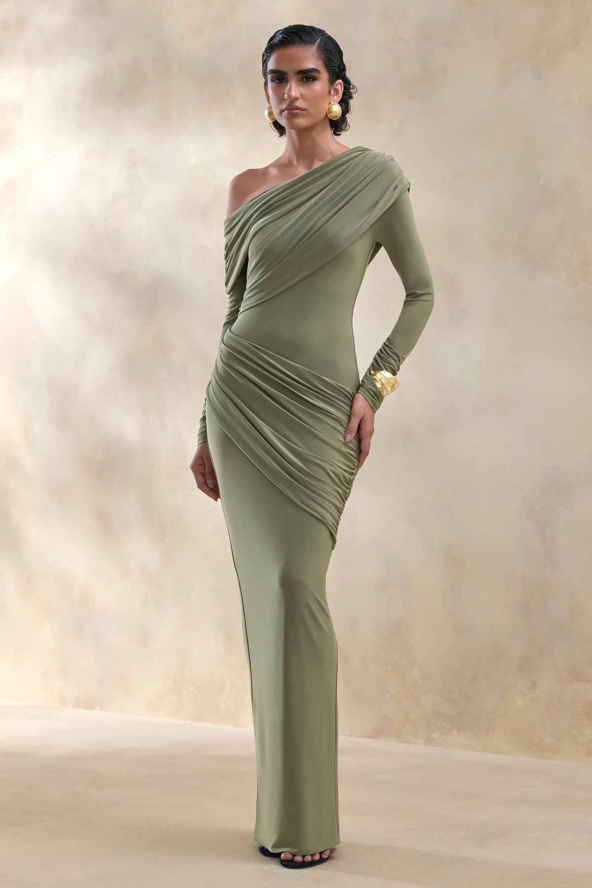 Rosirene Olive Asymmetric Neck Maxi Dress With Draped Detailing