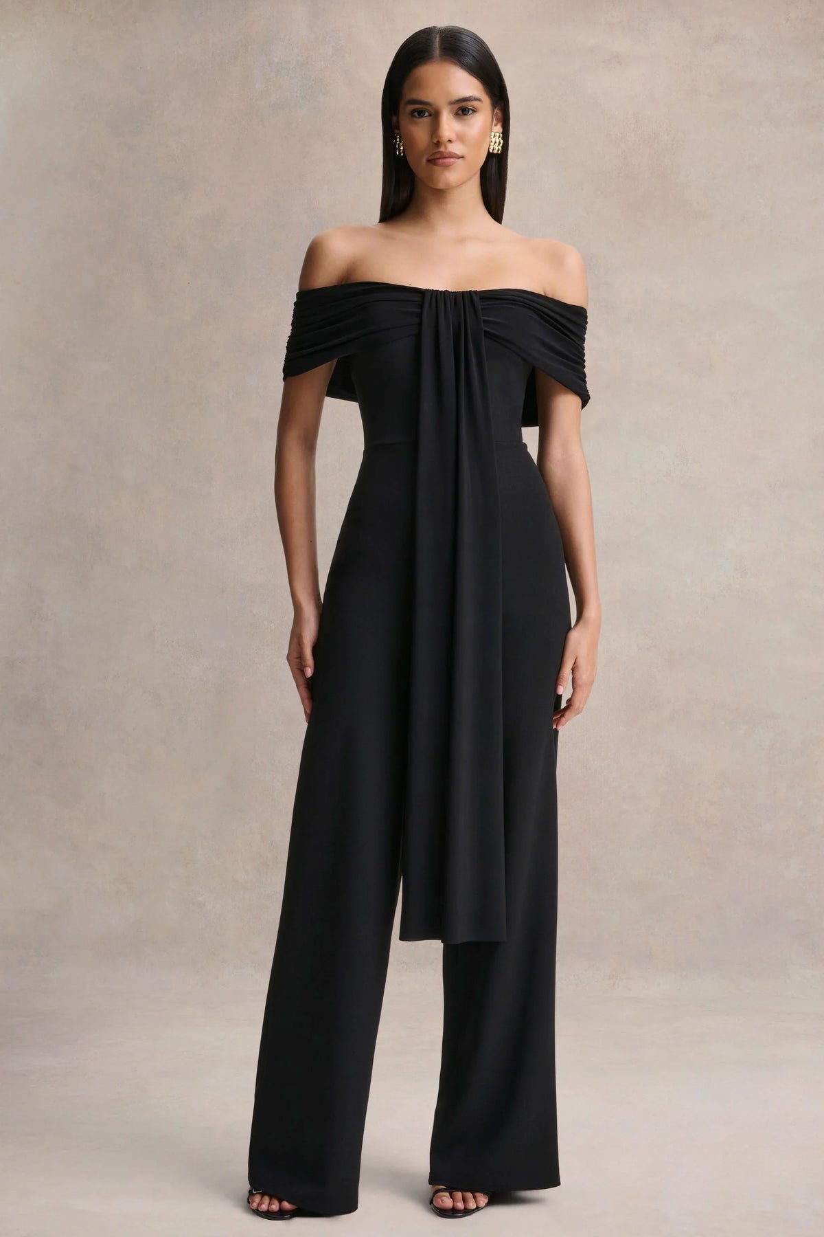 Kalida Black Bardot Neck Jumpsuit With Sash Detail