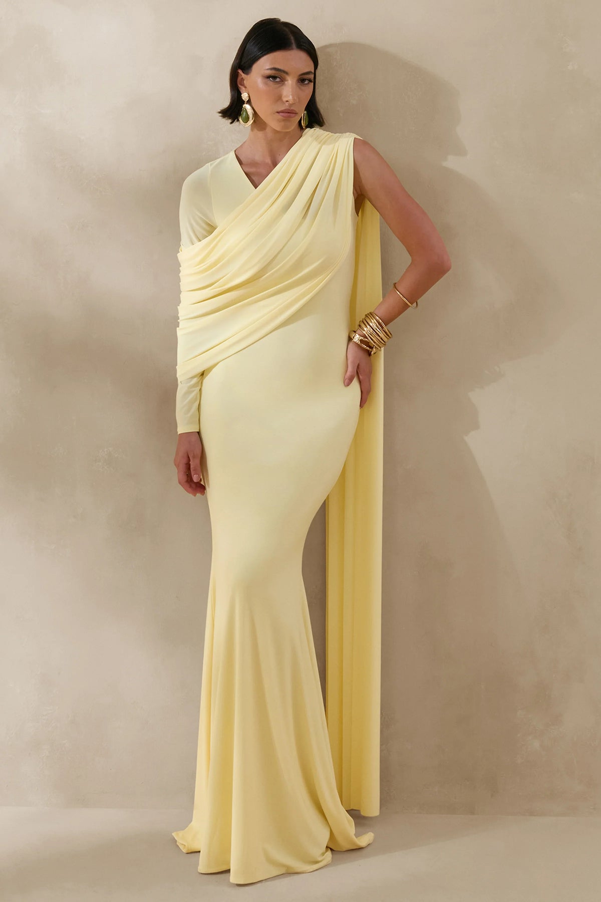 Rubelle Lemon Asymmetric Neck Maxi Dress With Draped Detailing