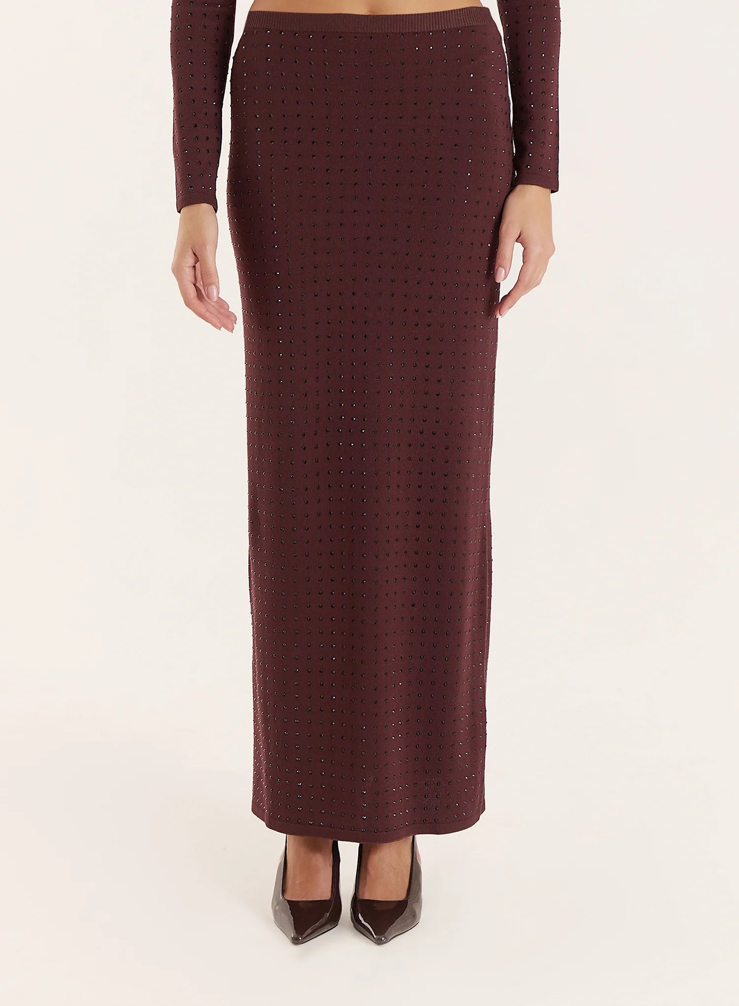 Chocolate Knitted Embellished Maxi Skirt