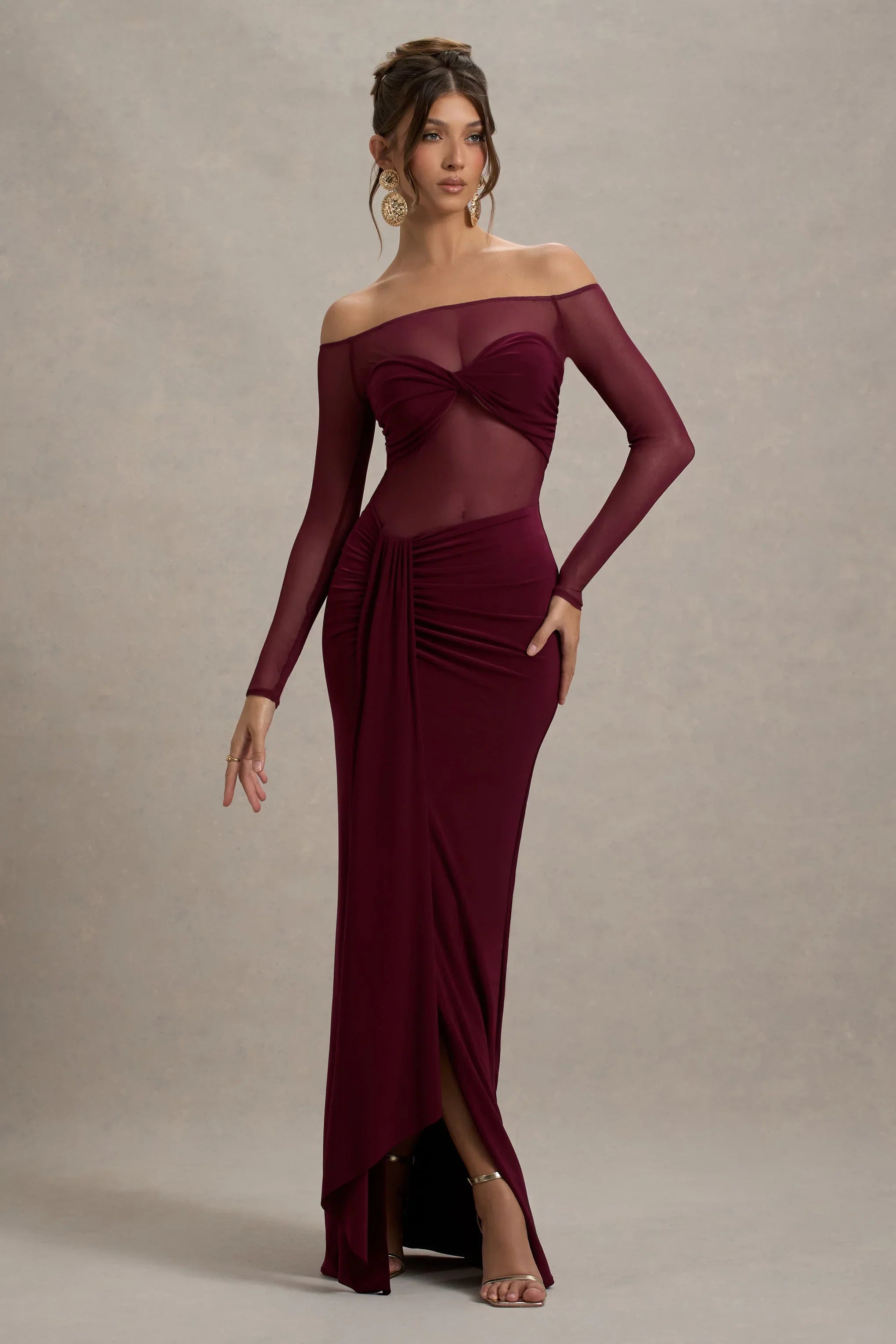Cover Star Burgundy Mesh Bardot Long Sleeve Draped Maxi Dress