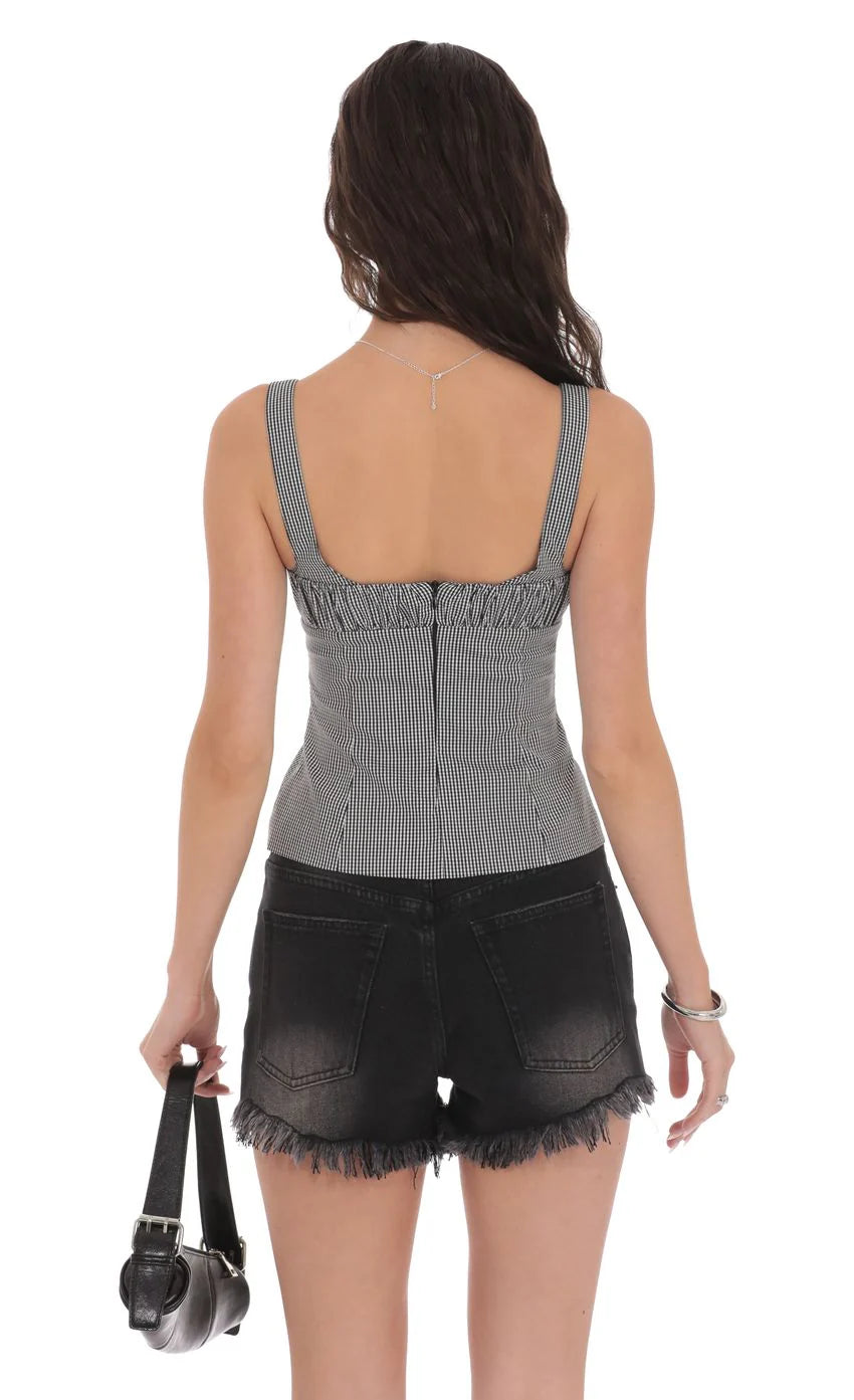 Ruched Gingham Top in Black and White
