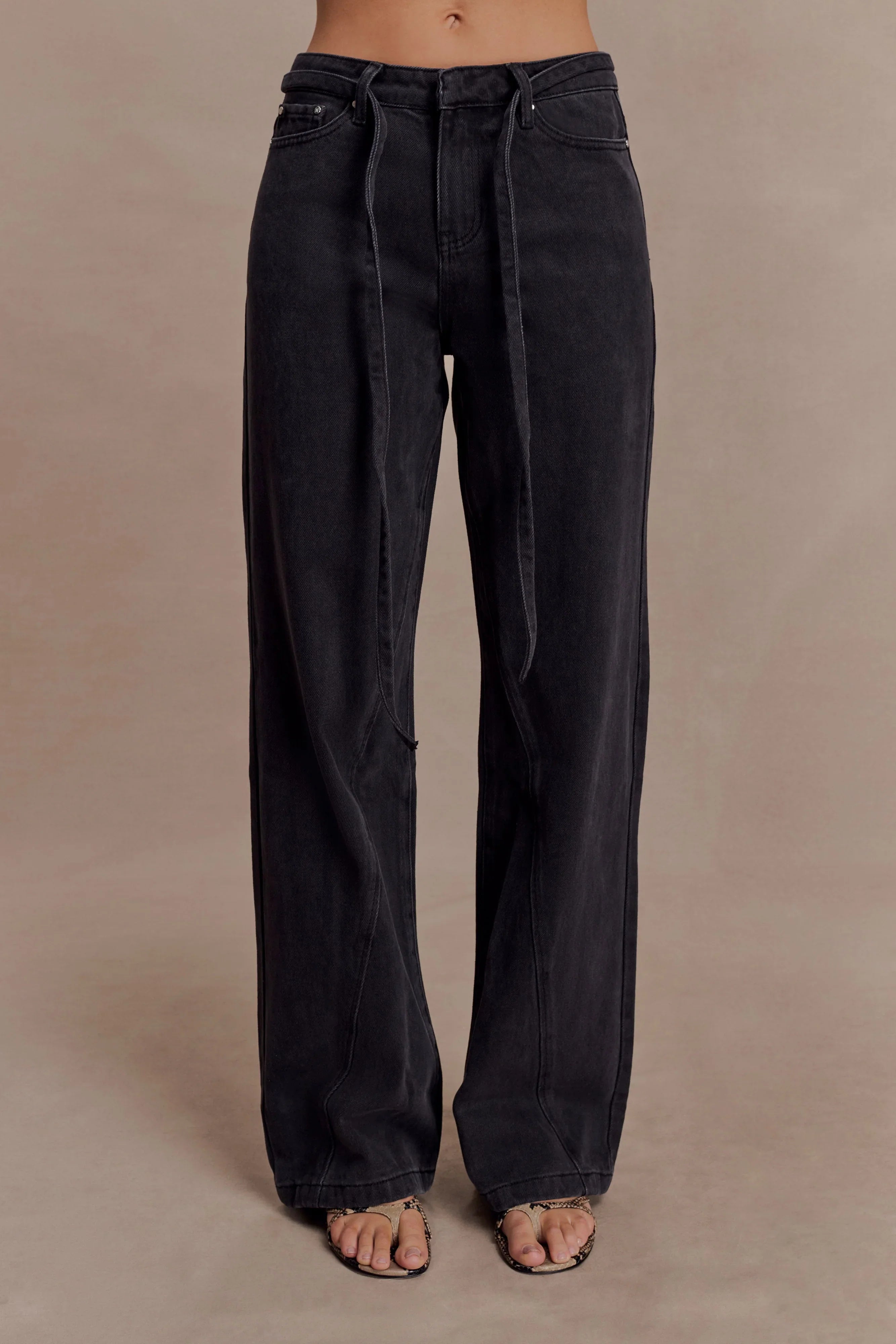 Perrie Mid Rise Straight Leg Tie Jeans Washed Black