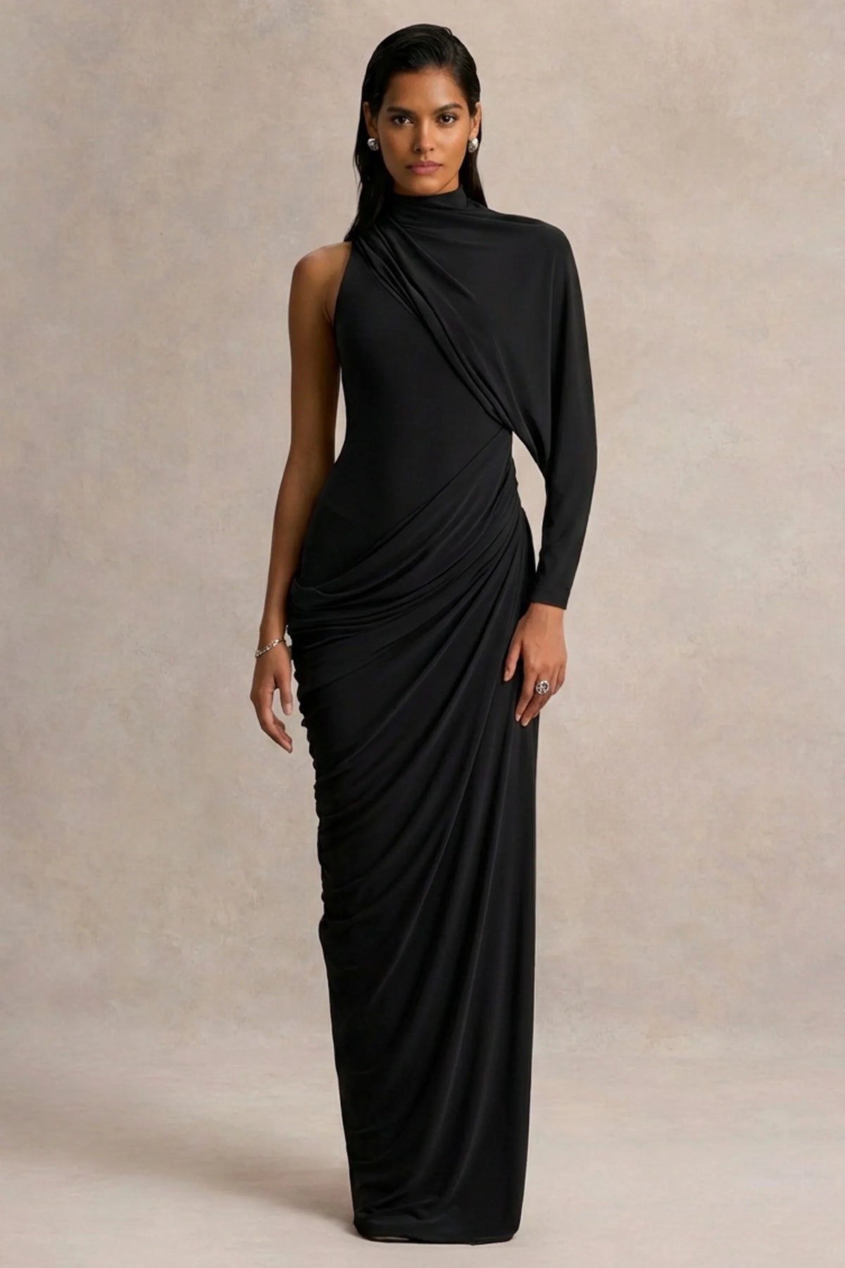 Aphra Black High Neck Maxi Dress With Cape Sleeve