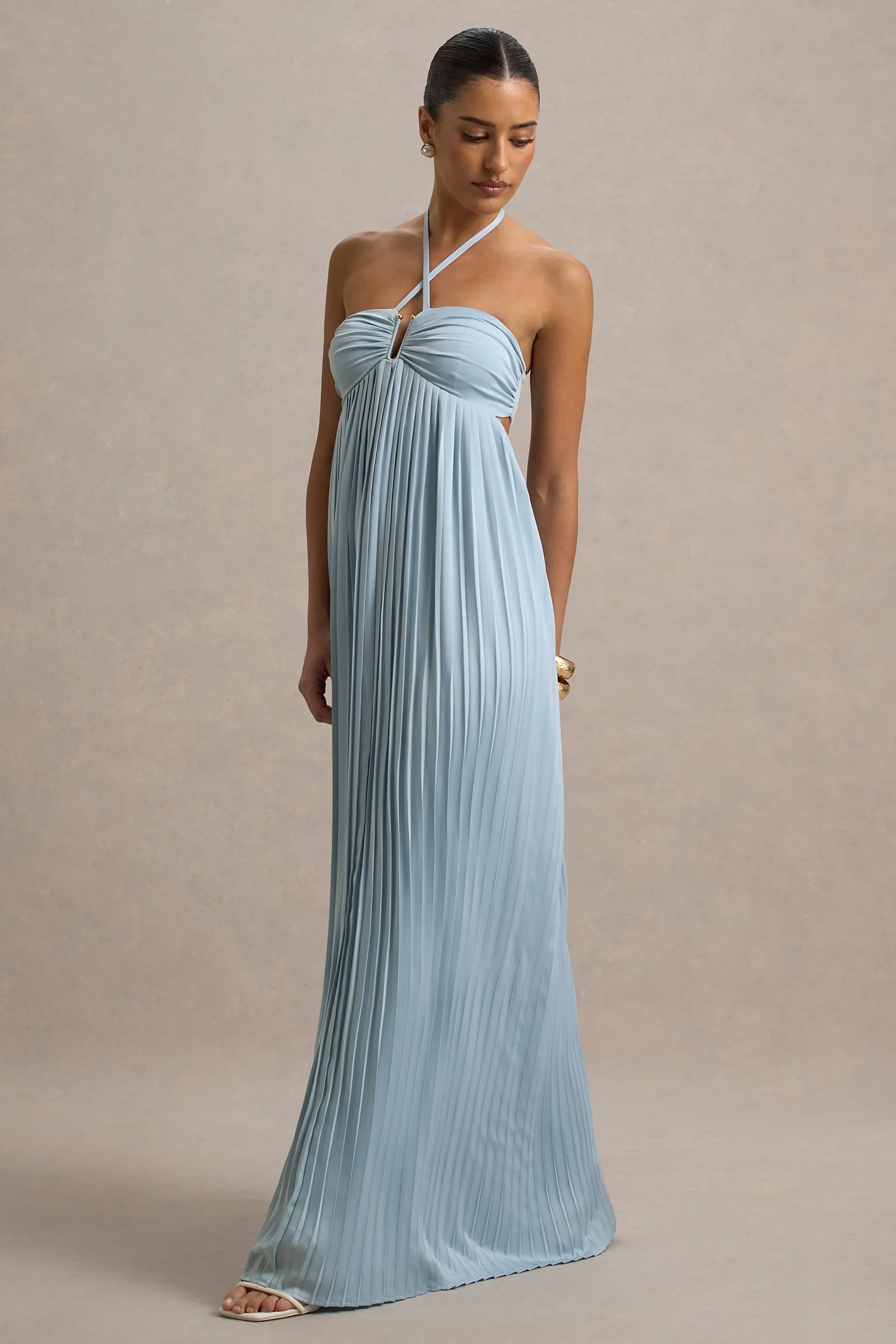 Elayne Powder Blue Halter Neck Maxi Dress With Cut Out Detail