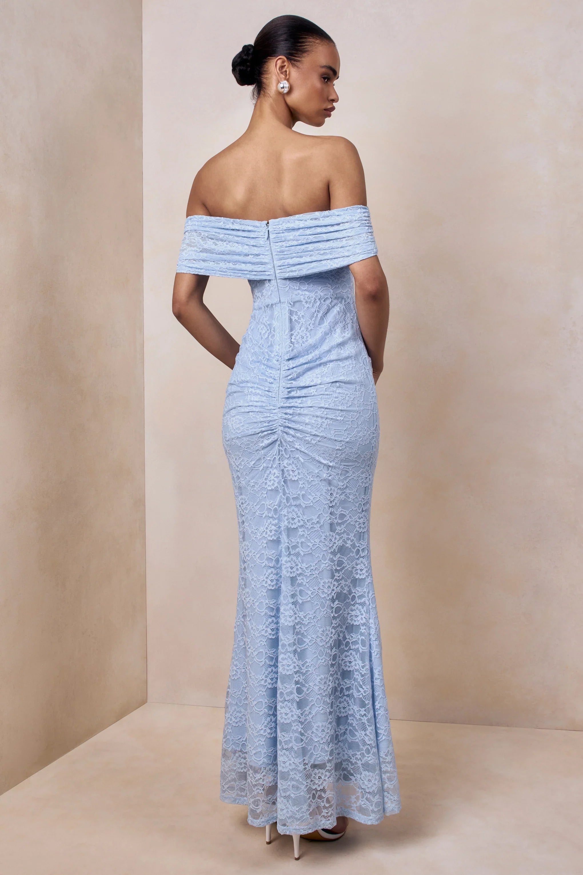 Elinor Powder Blue Lace Bardot Neck Maxi Dress With Gathered Detailing