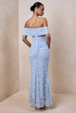 Elinor Powder Blue Lace Bardot Neck Maxi Dress With Gathered Detailing