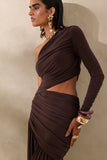 Kinsley Brown Asymmetric Neck Maxi Dress With Body Cut Out Detail