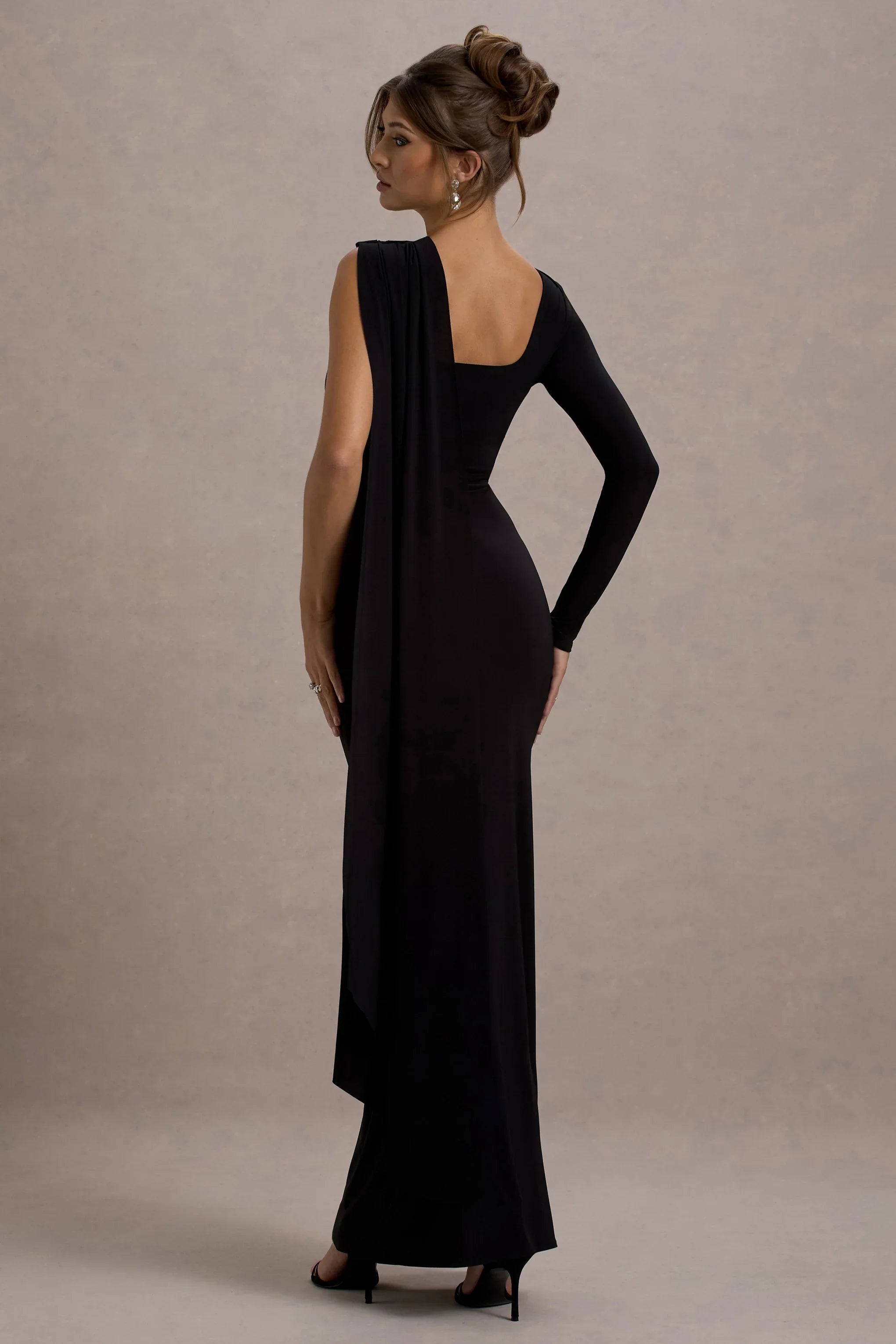 Ashini Black One Sleeve Maxi Dress With Cape