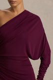 Lola Burgundy Asymmetric Neck Maxi Dress With Ruched Detailing And Front High Split