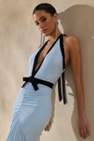 Cosmina Powder Blue Plunge Neck Maxi Dress With Bow Detail
