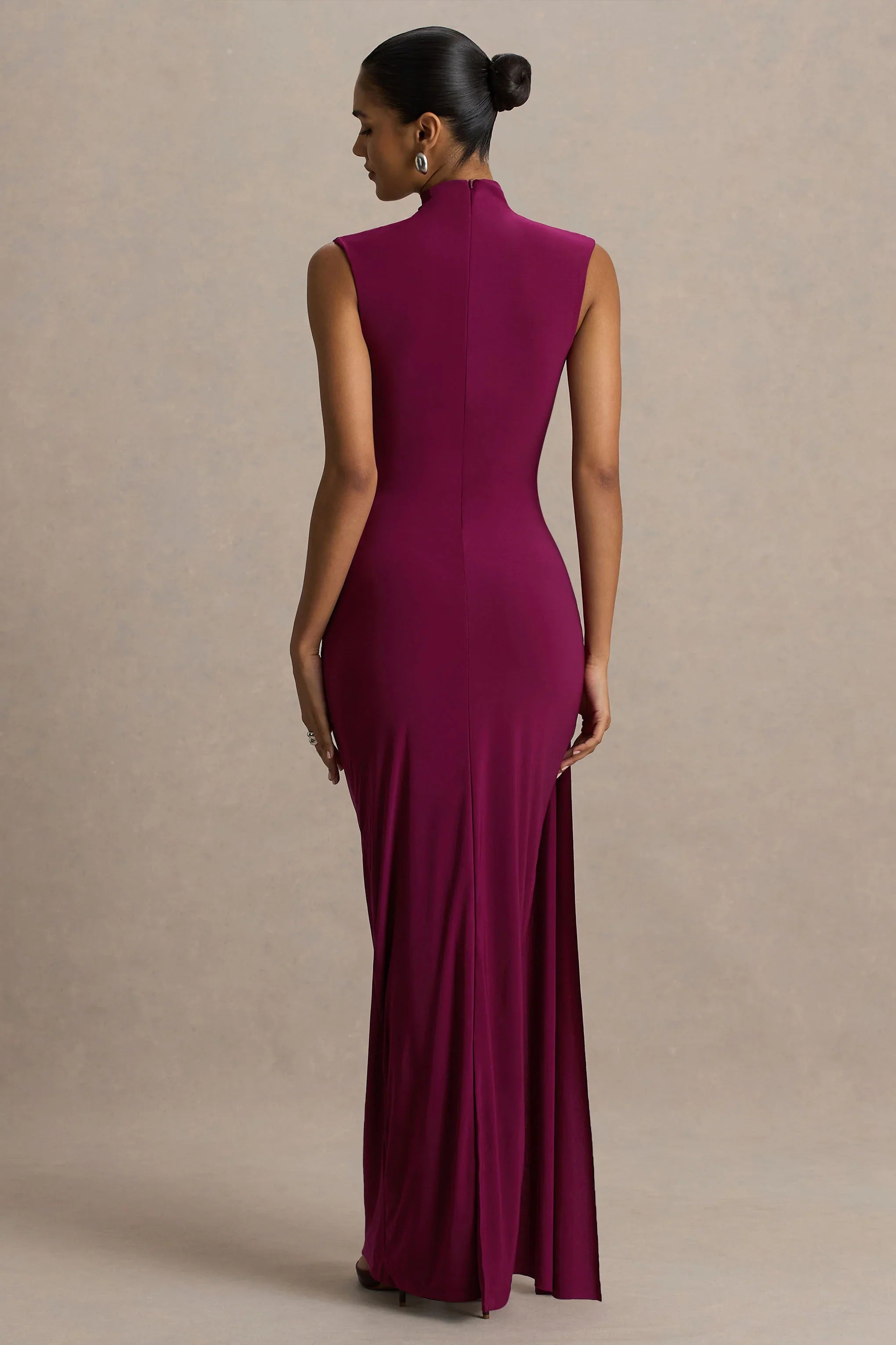 Solene Burgundy High Neck Maxi Dress With Wrap And Drape Detail