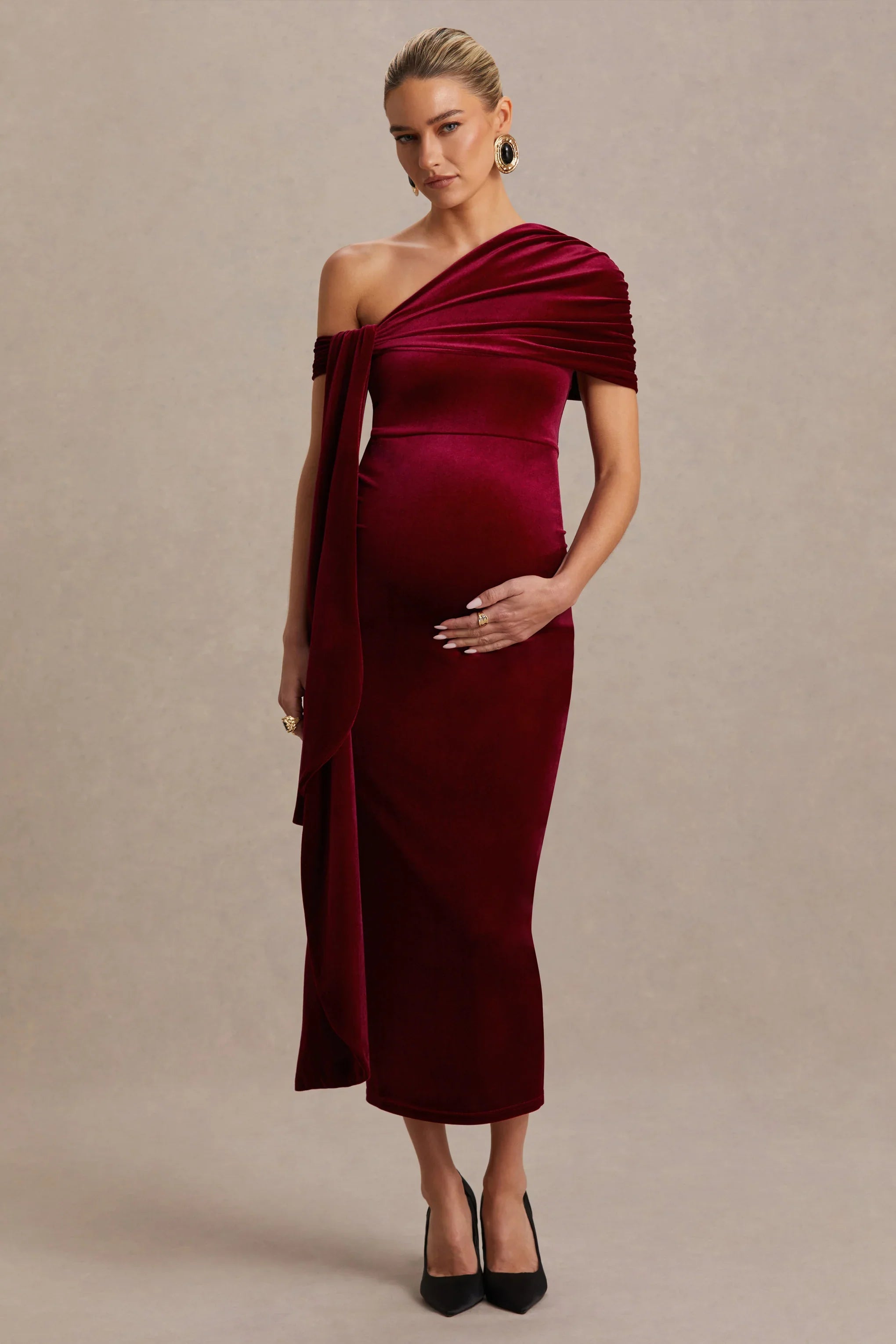 Zena Burgundy Velvet Asymmetric Neck Maternity Midi Dress With Knot And Sash Detail