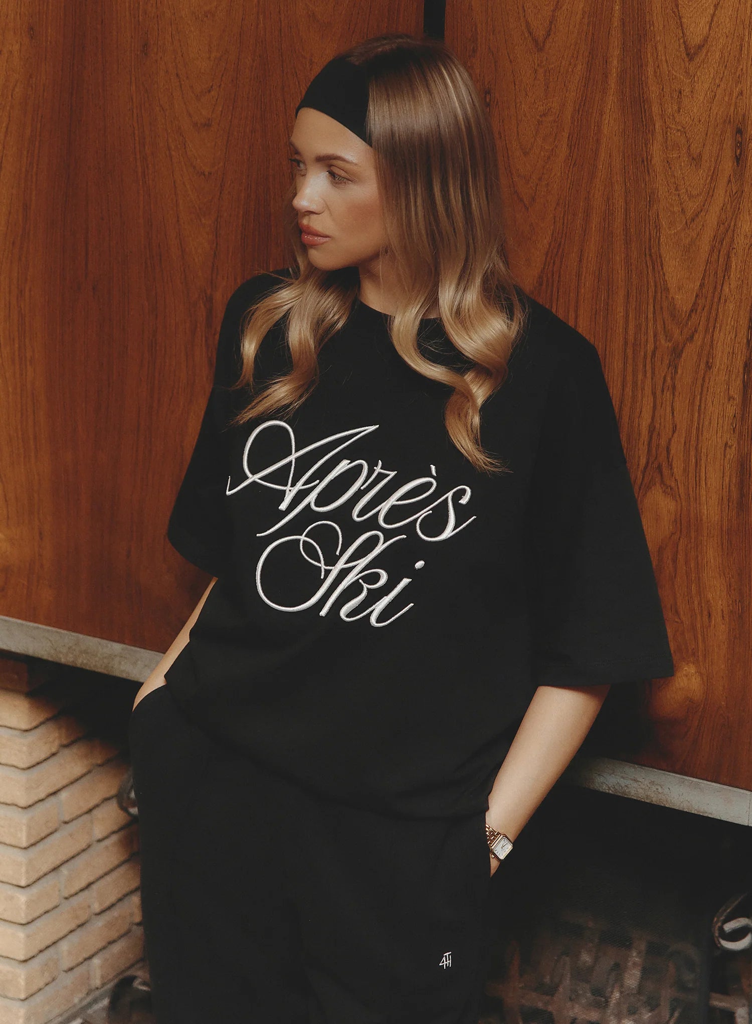 Black Embroidered Apres Ski Slogan T Shirt