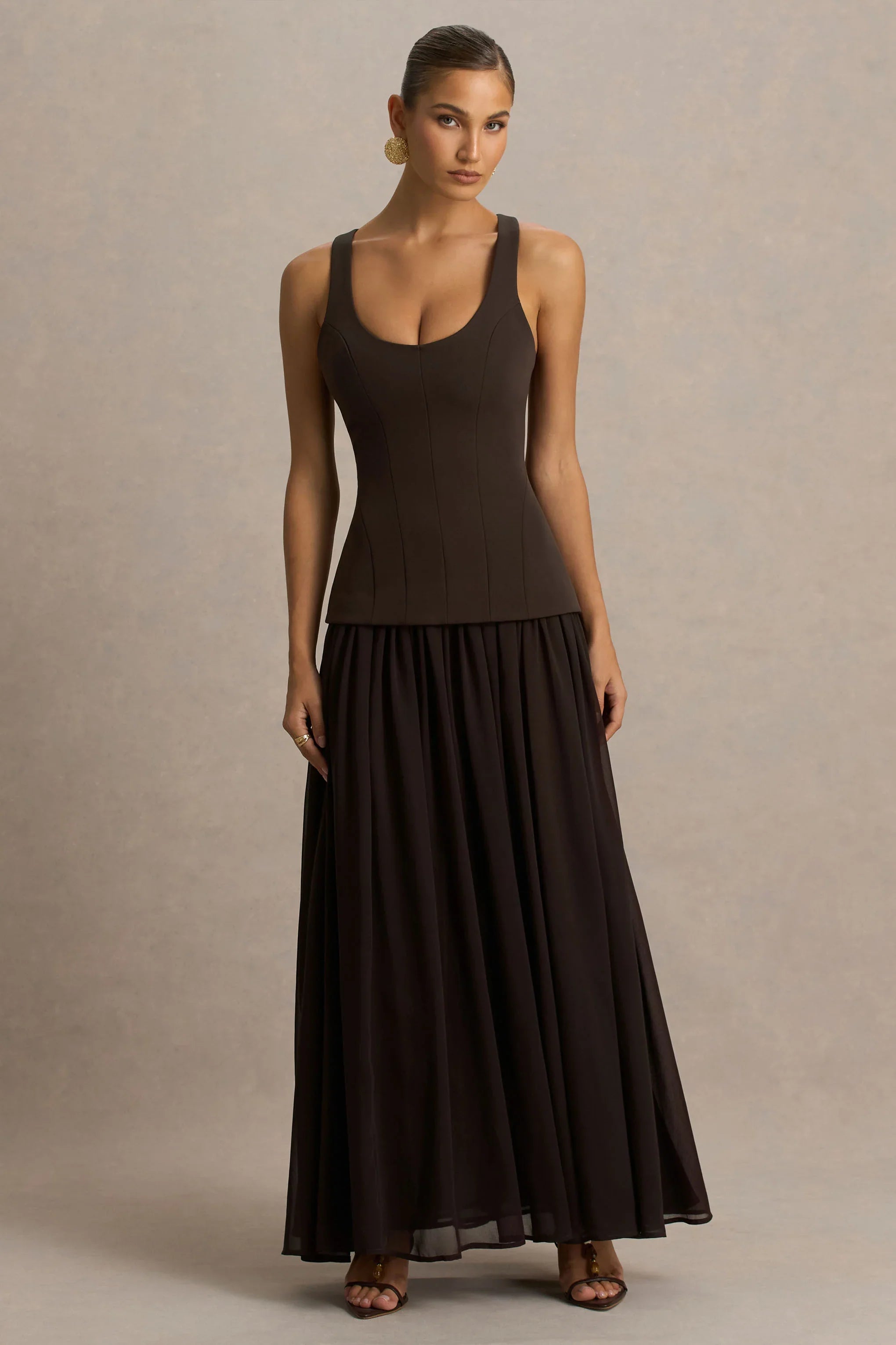 Kelly Brown Scoop Neck Maxi Dress With Pleated Mesh Skirt