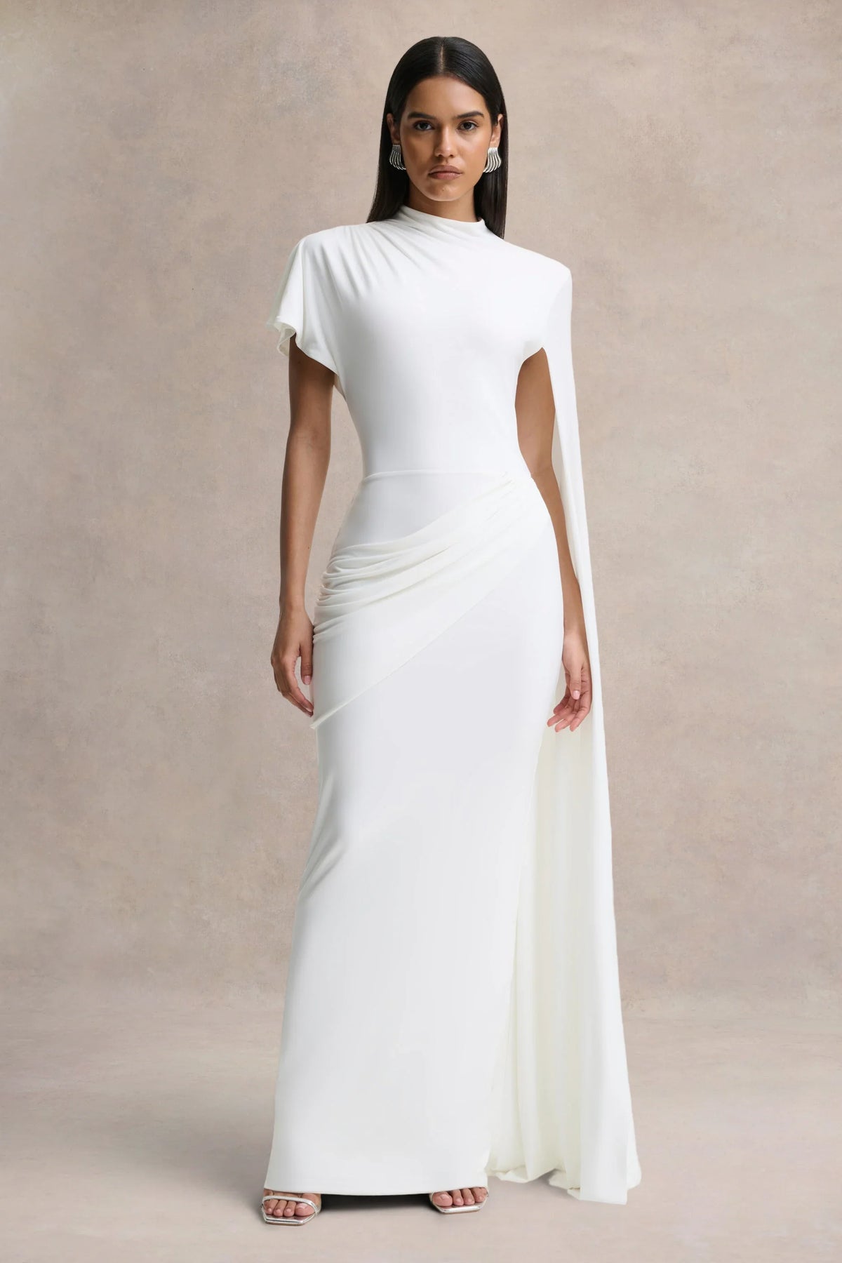 Tropic White High Neck Maxi With Long Cape Sleeve