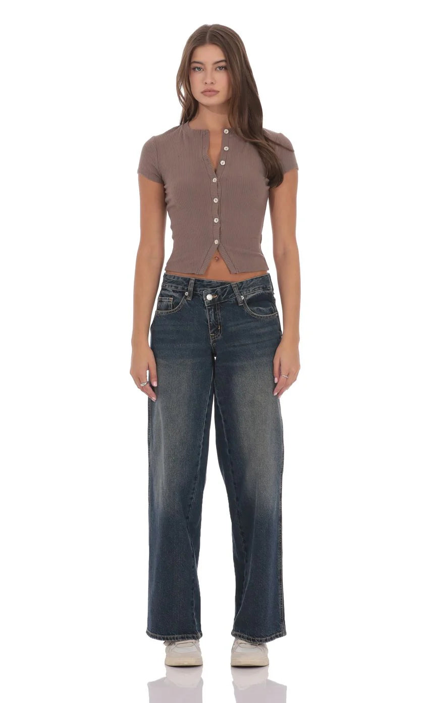 Ribbed Short Sleeve Button Top in Taupe