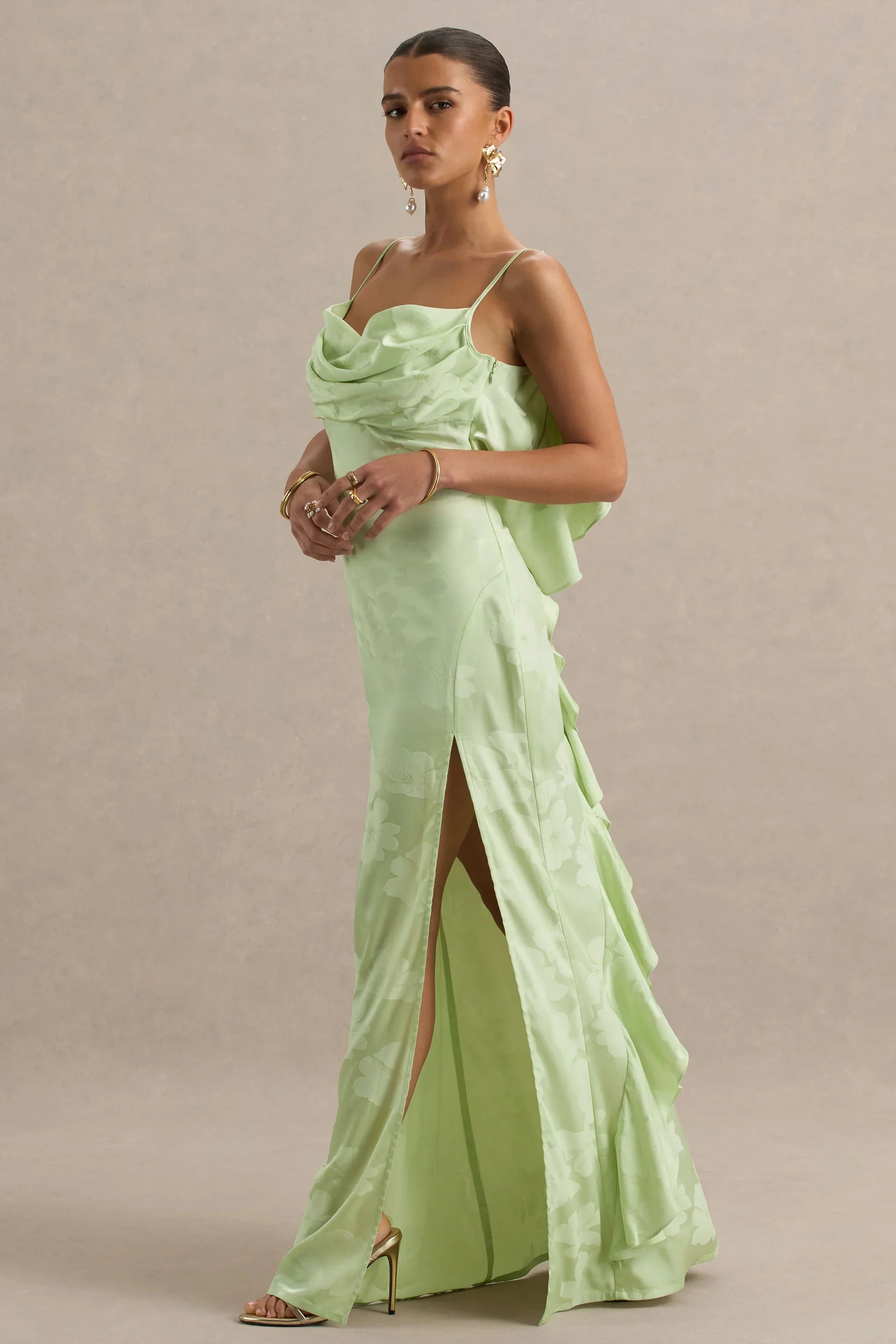 Maddie Light Green Floral Print Satin Cowl Neck Maxi Dress