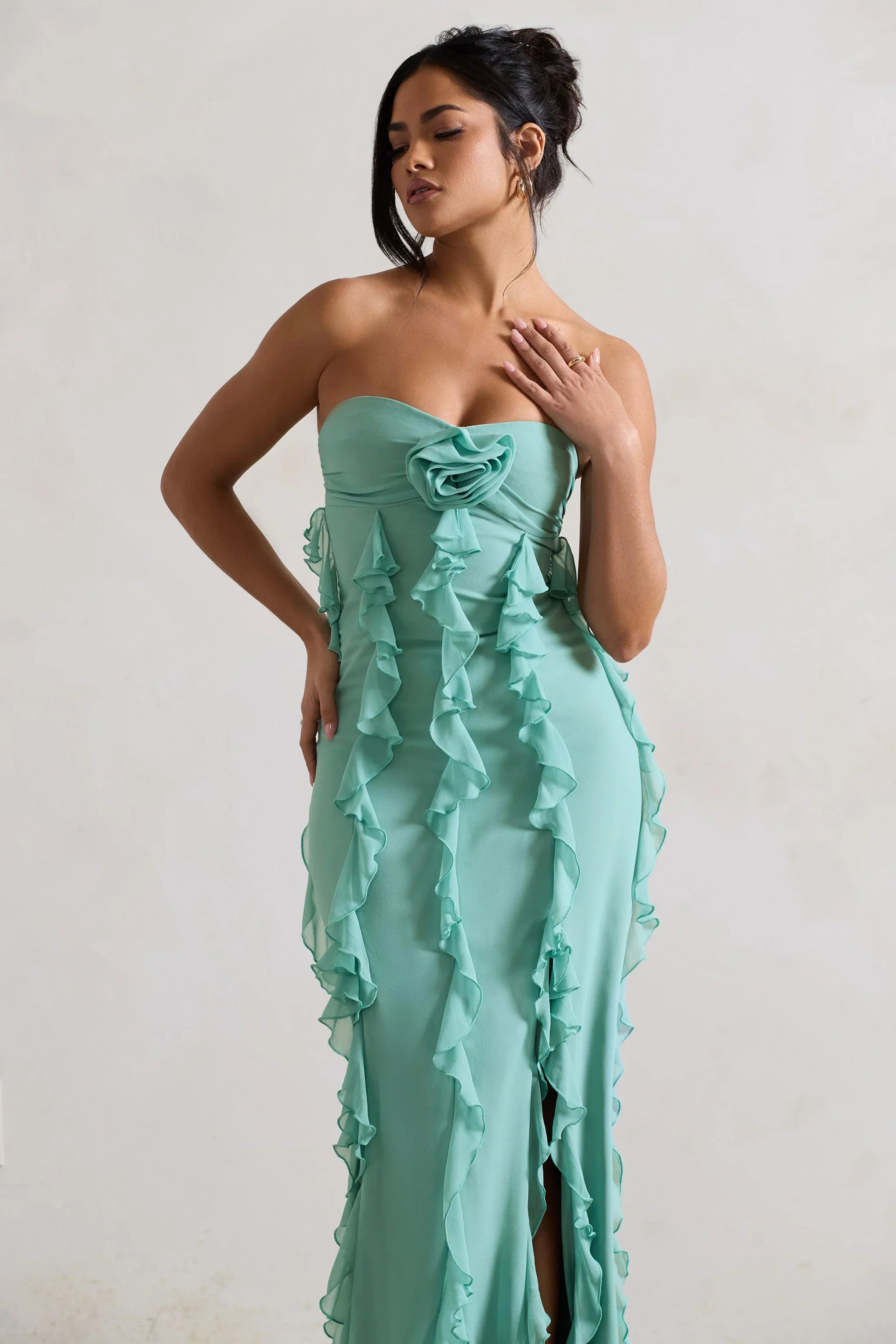 Gardenia Mint Green Strapless Ruffle Maxi Dress With Corsage