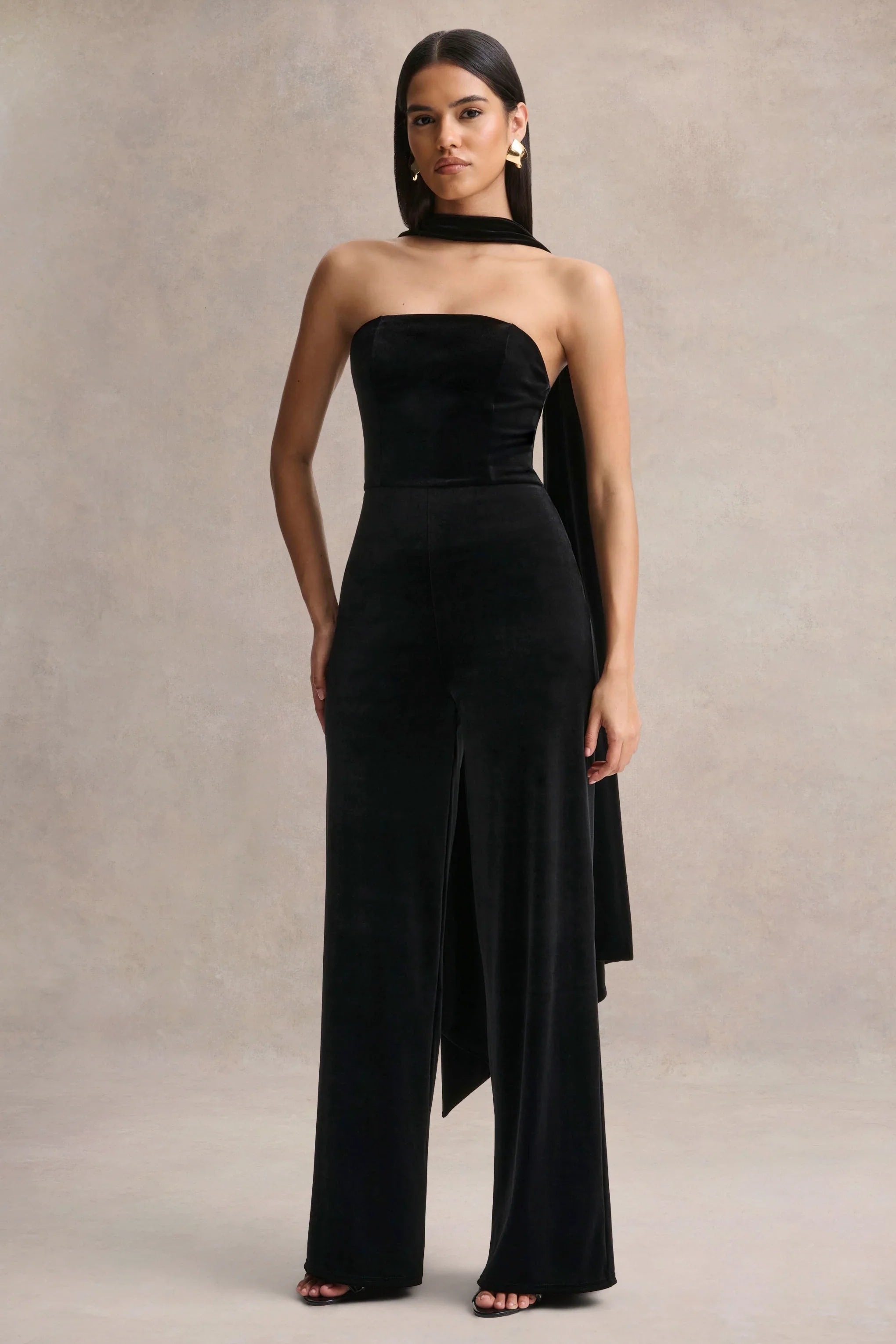 Arcane Black Velvet Bandeau Jumpsuit With Scarf