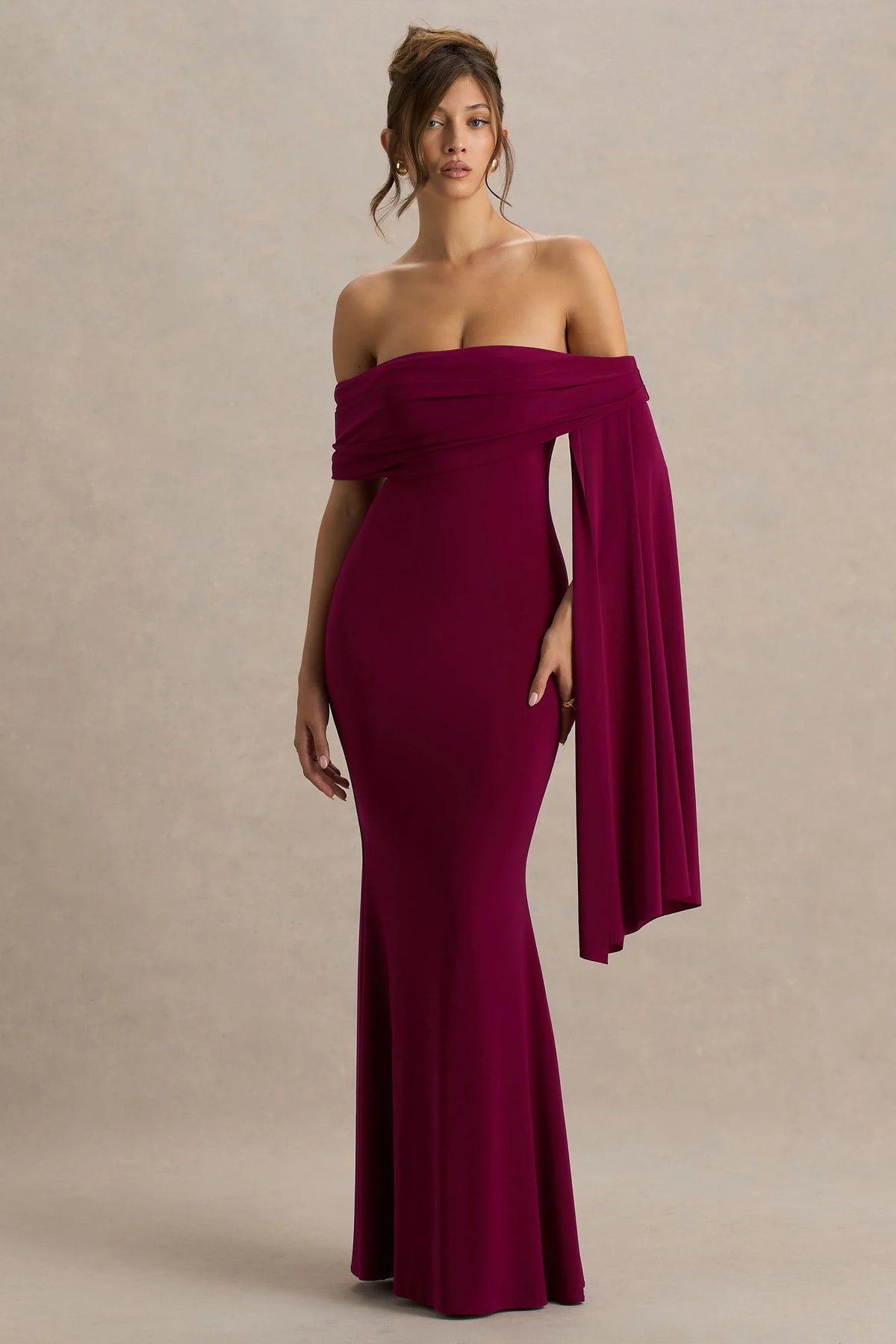 Saffina Burgundy Bardot Neck Maxi Dress With Sash Detail