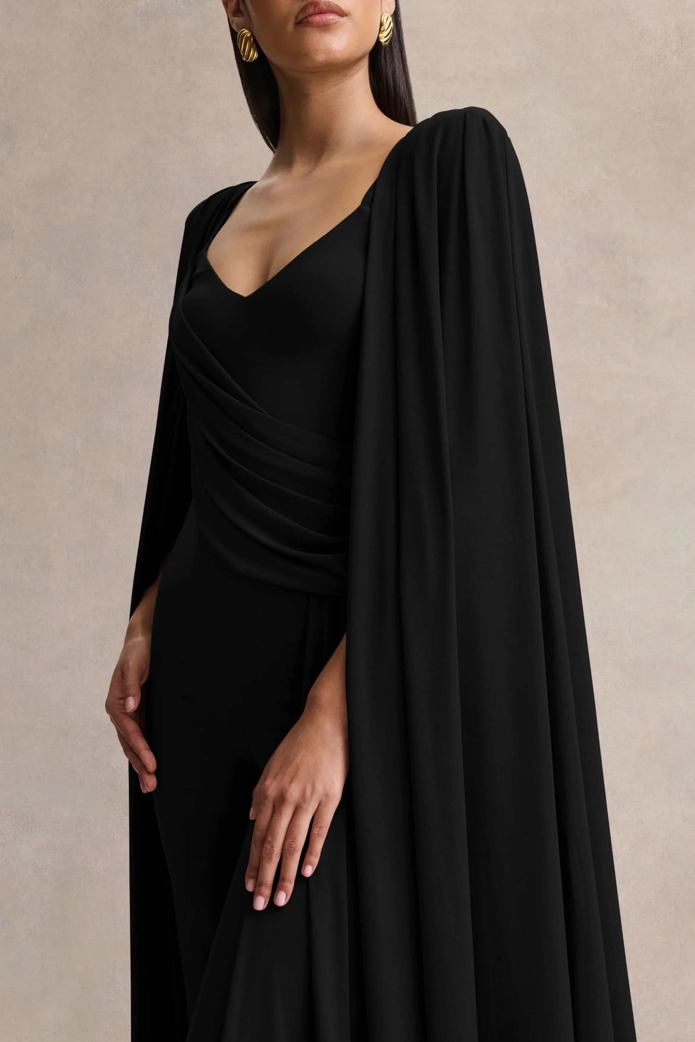 Labina Black Plunge Neck Jumpsuit With Cape Sleeves
