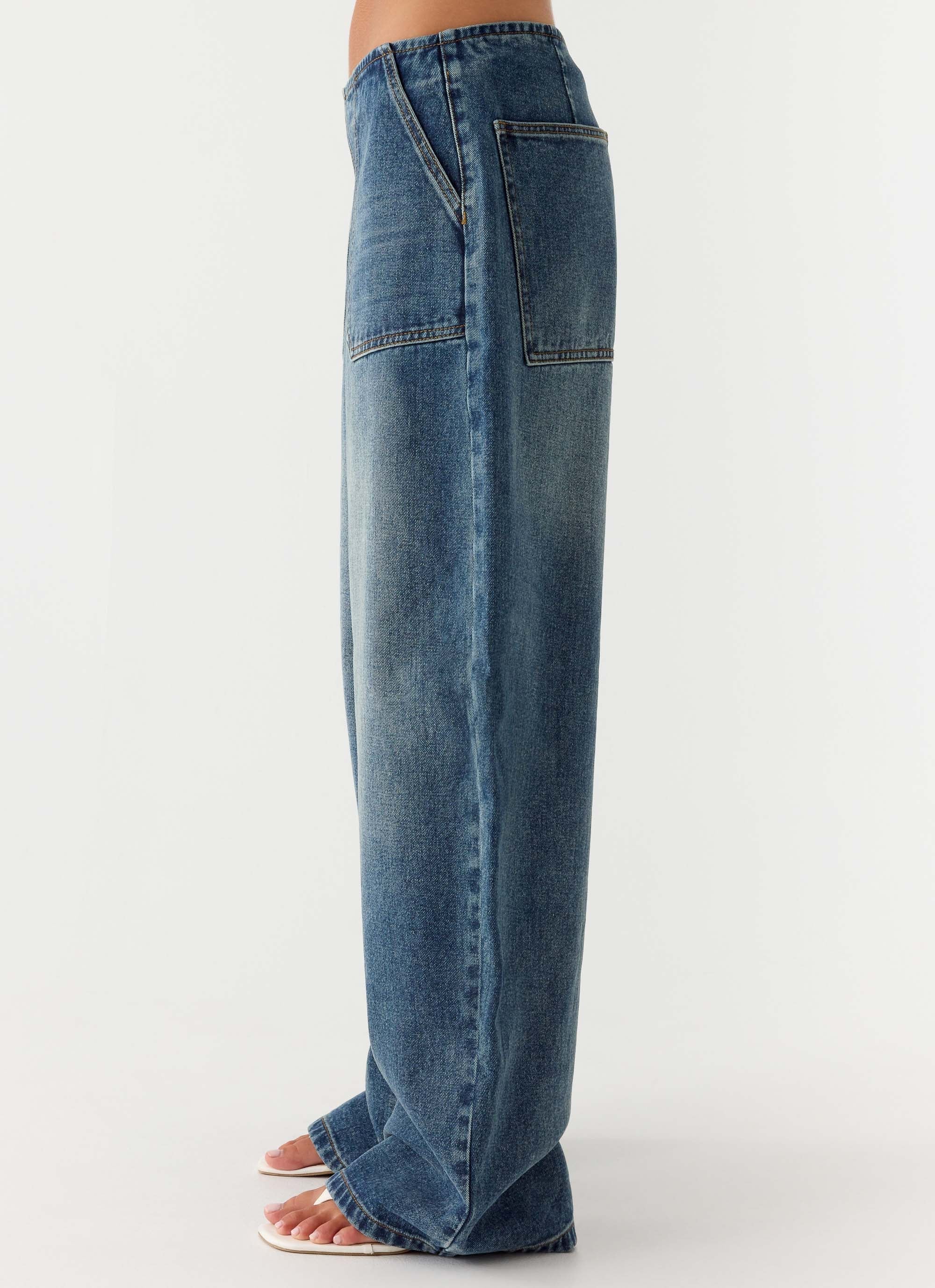 Seethal Low Rise Washed Denim Jeans Mid Wash Blue
