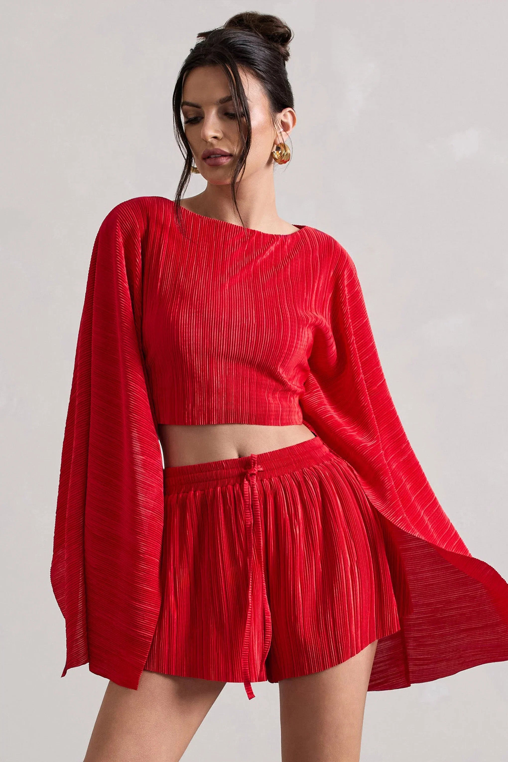 Flare Red Plisse Cape Sleeve Crop Top