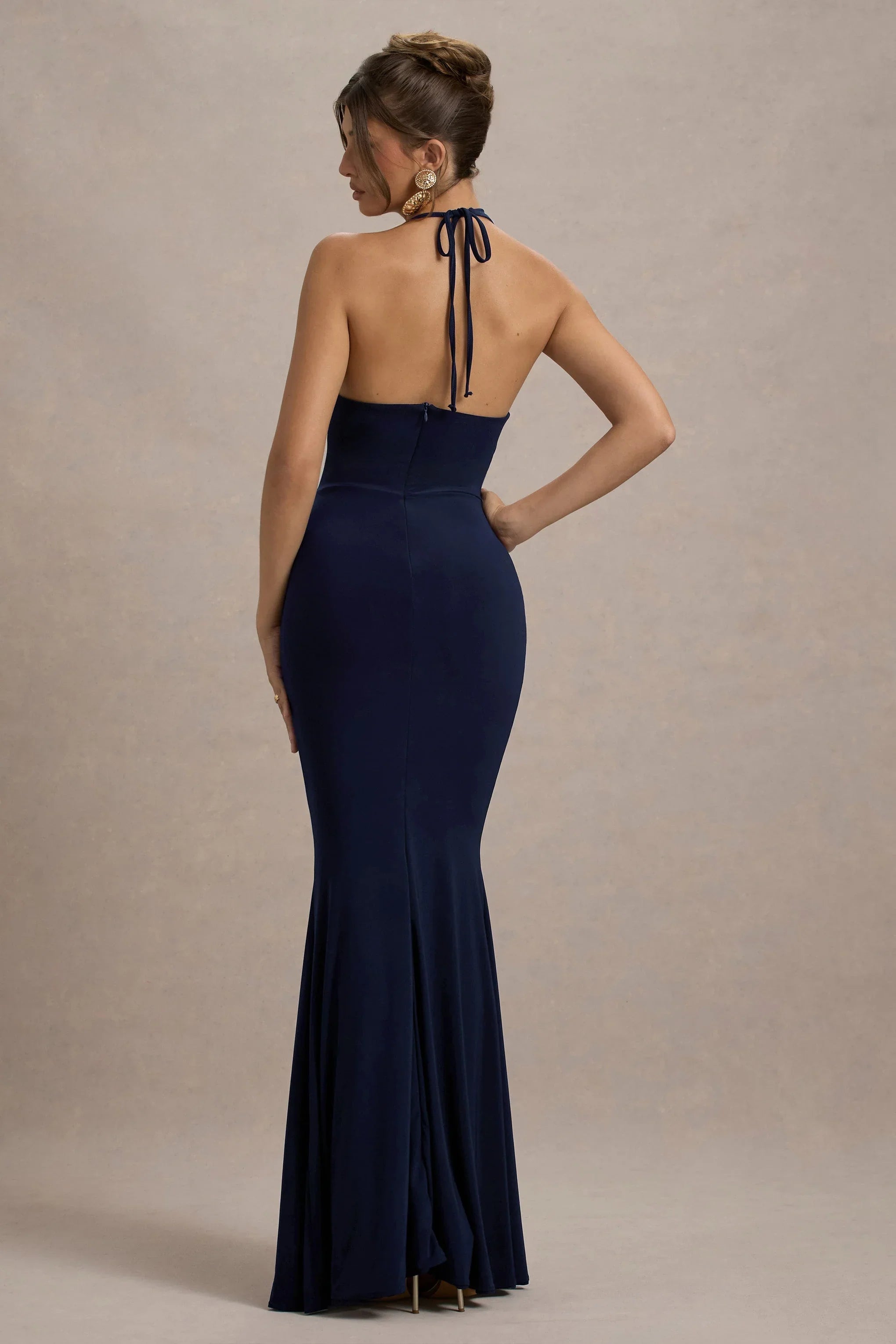 Lucena Navy Cowl Neck Wrap Maxi Dress With Floral Drape