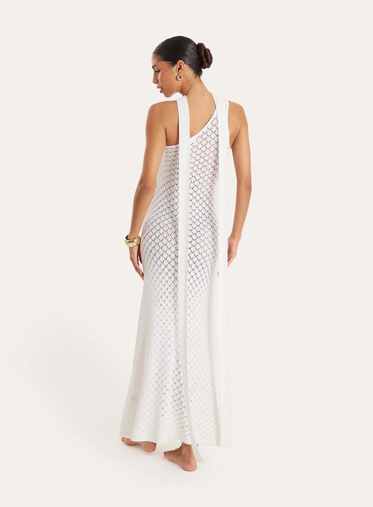 White Crochet One Shoulder Scarf Neck Maxi Dress