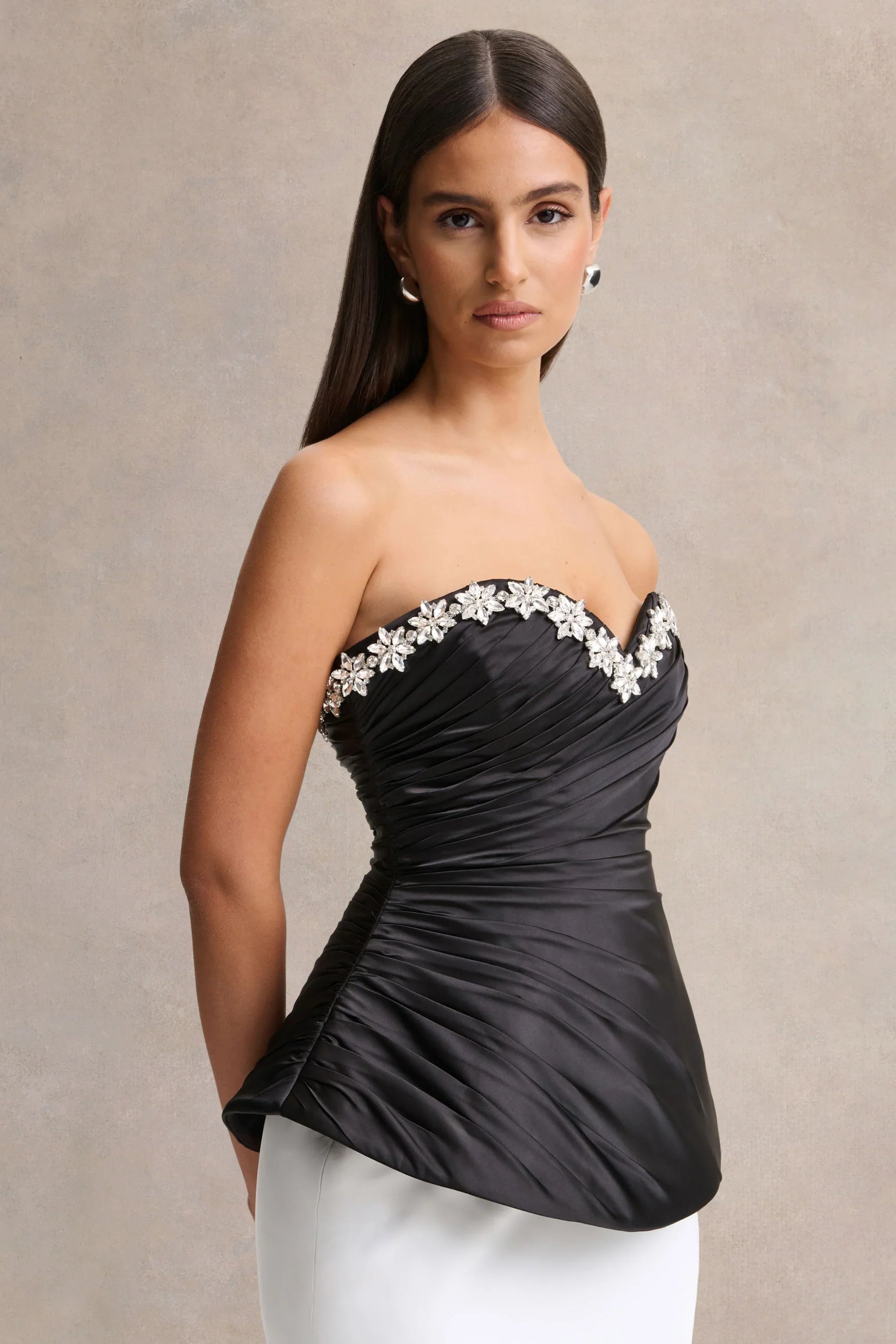 Ambria Black Satin Hand Embellished Sweetheart Neck Corset Top