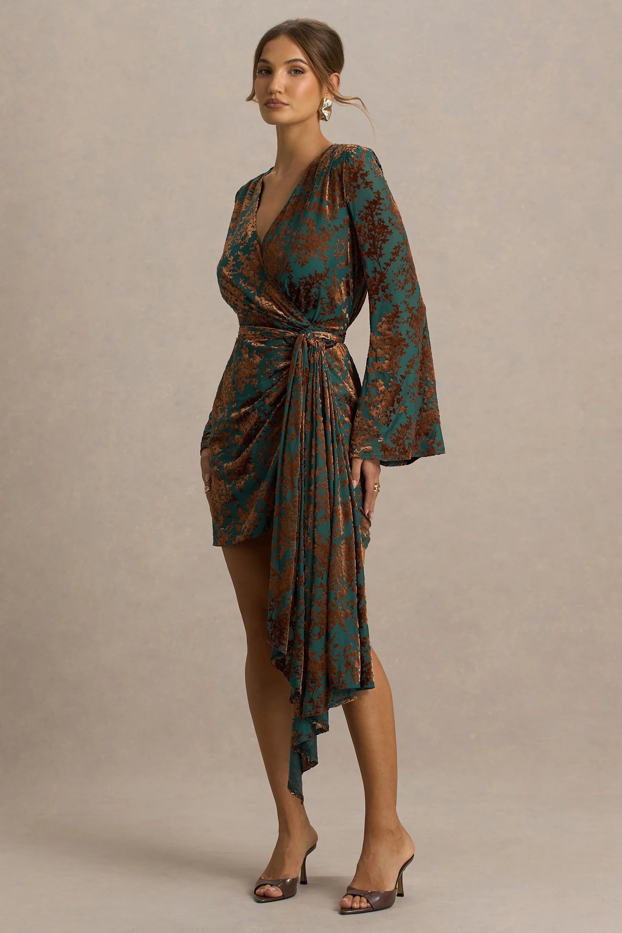 Dimitra Dark Green And Brown Velvet Devore Plunge Neck Wrap Mini Dress