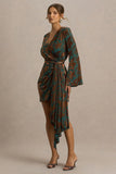 Dimitra Dark Green And Brown Velvet Devore Plunge Neck Wrap Mini Dress