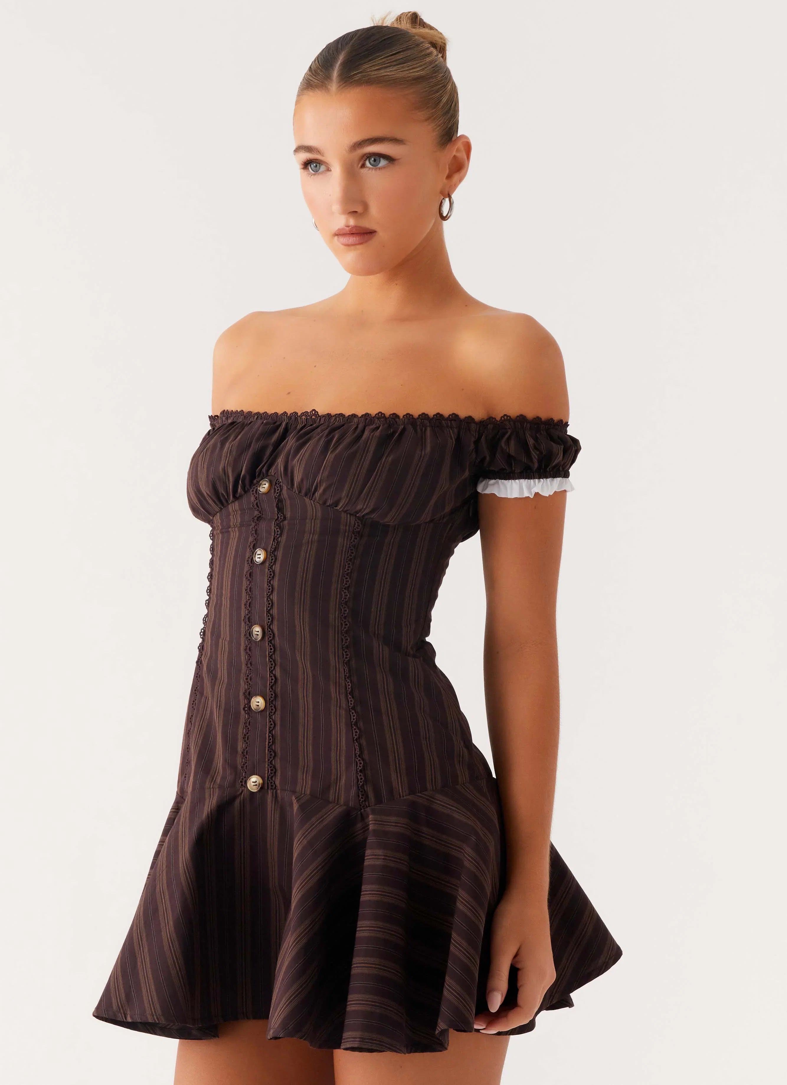 Jumana Off Shoulder Mini Dress Toffee Stripe