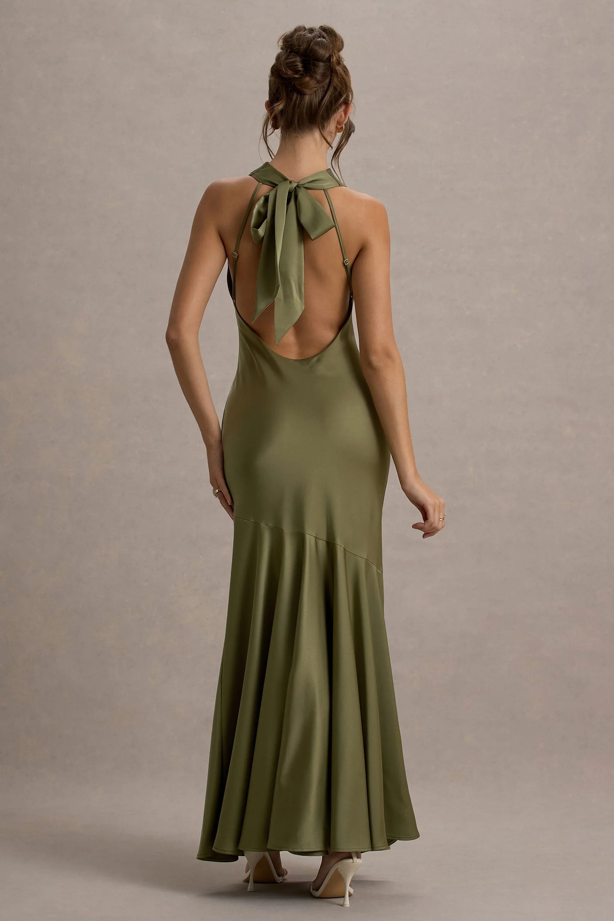 Amelita Khaki Satin Cowl Neck Maxi Dress