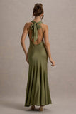 Amelita Khaki Satin Cowl Neck Maxi Dress
