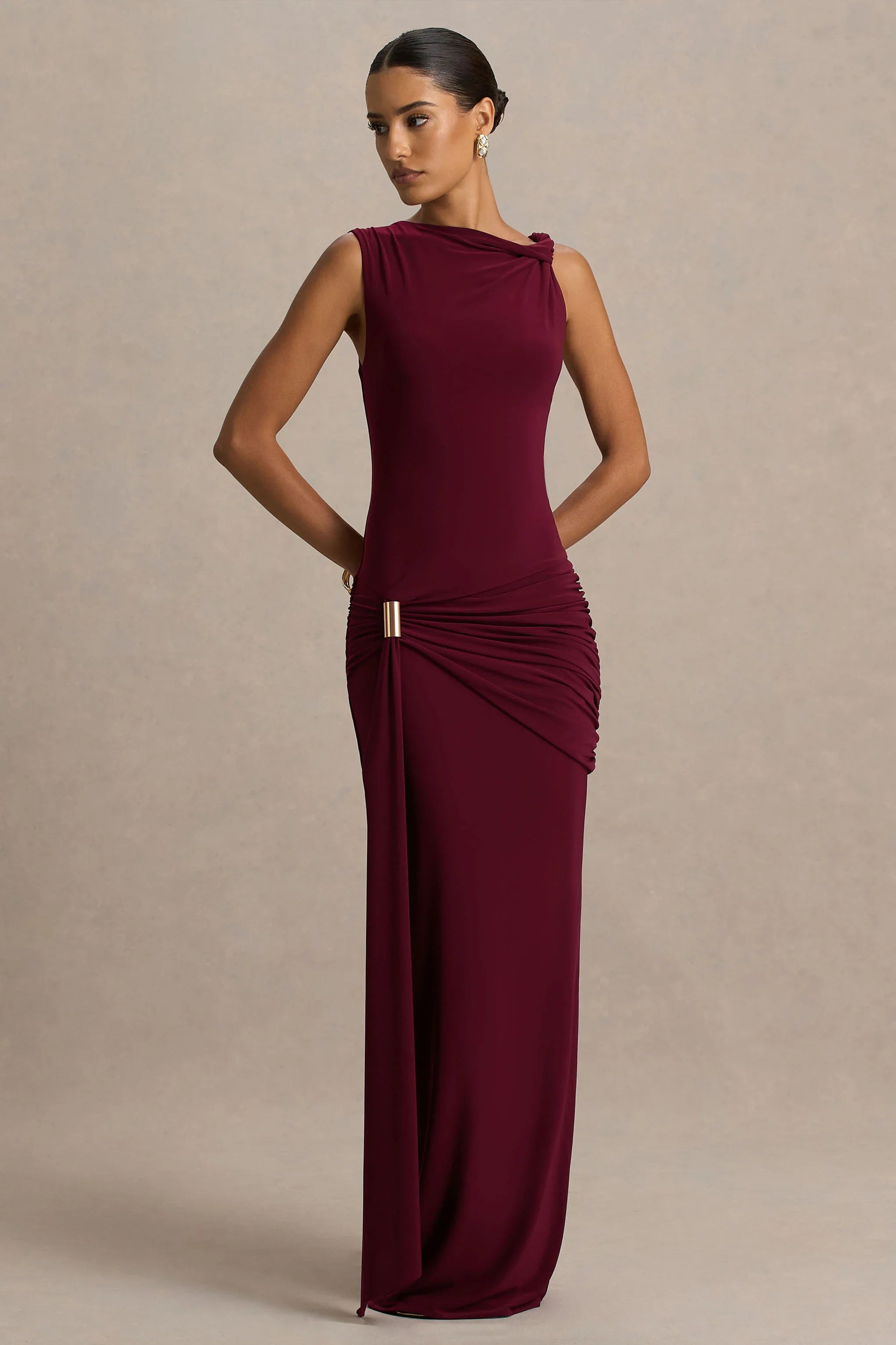 Decadence Burgundy High Neck Wrapped Maxi Dress With Twist Sleeve