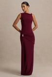 Decadence Burgundy High Neck Wrapped Maxi Dress With Twist Sleeve