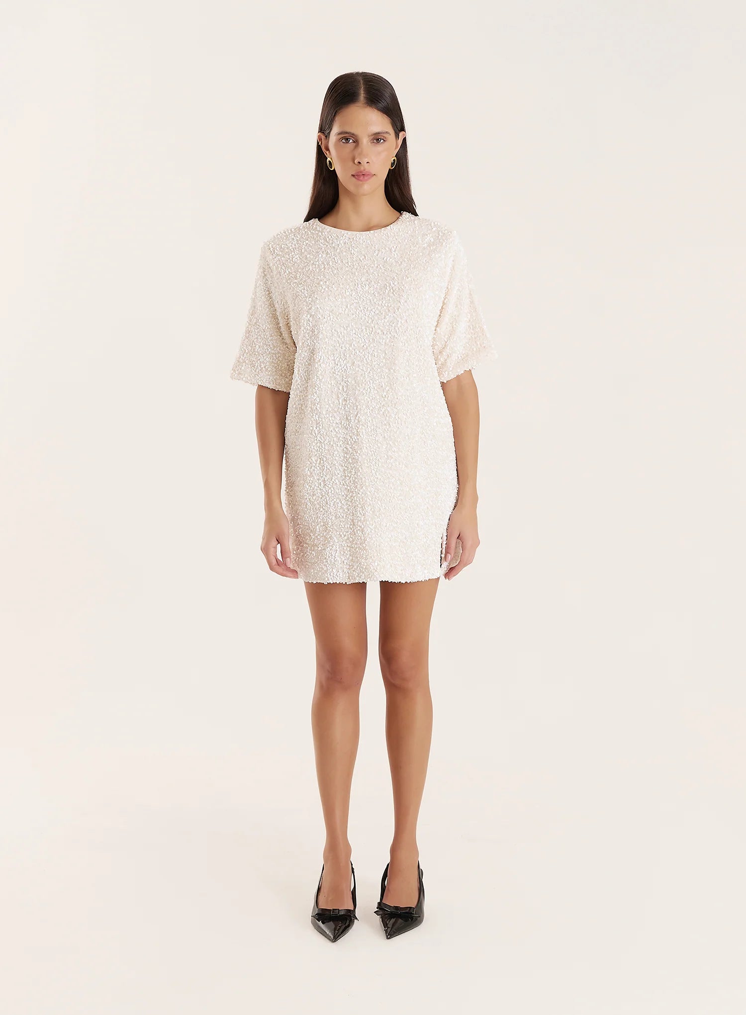 Cream Sequin Bow Tie Back Mini Dress