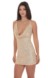 Sequin Plunge Cowl Neck Dress in Gold