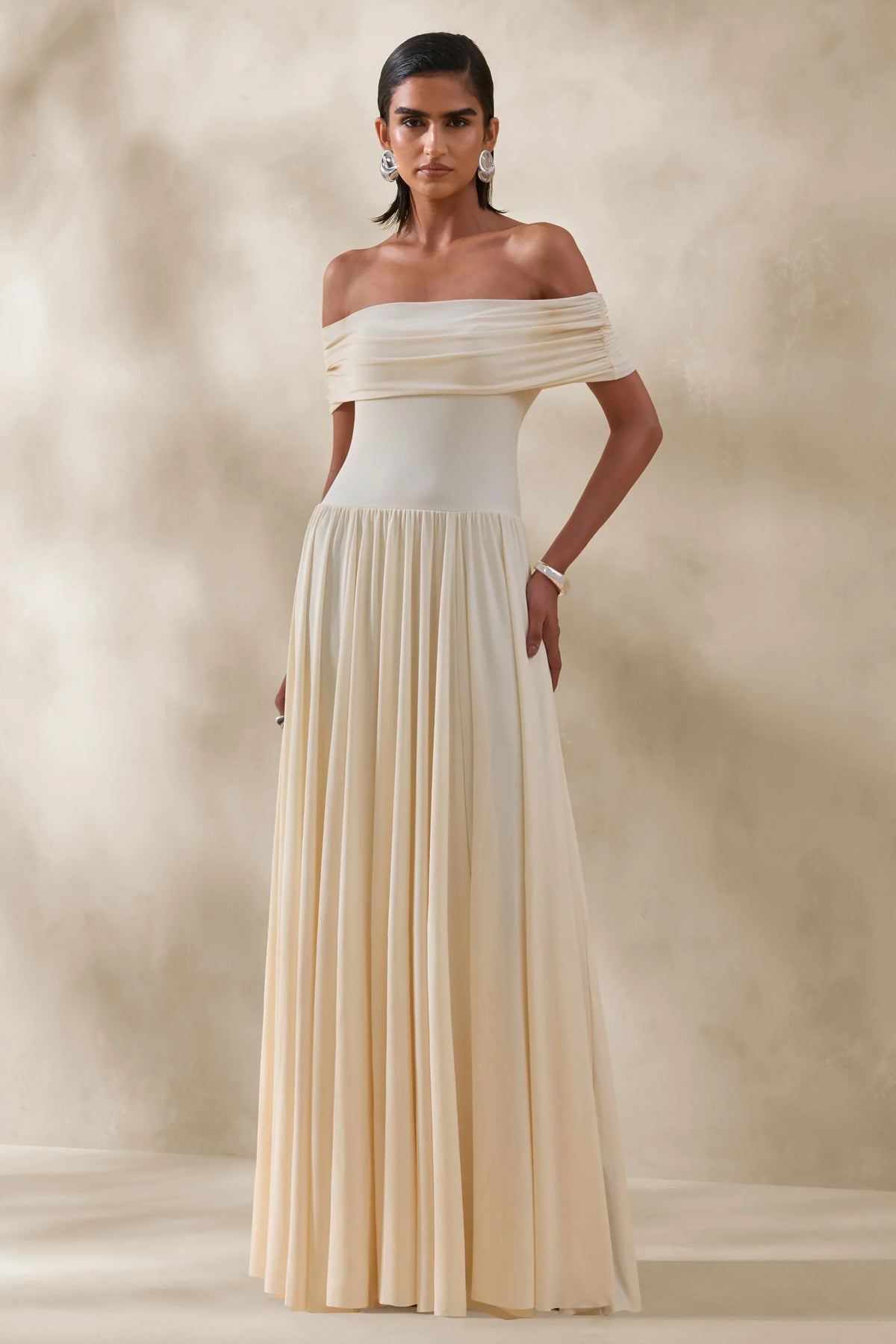 Cindie Cream Bardot Neck Maxi Dress