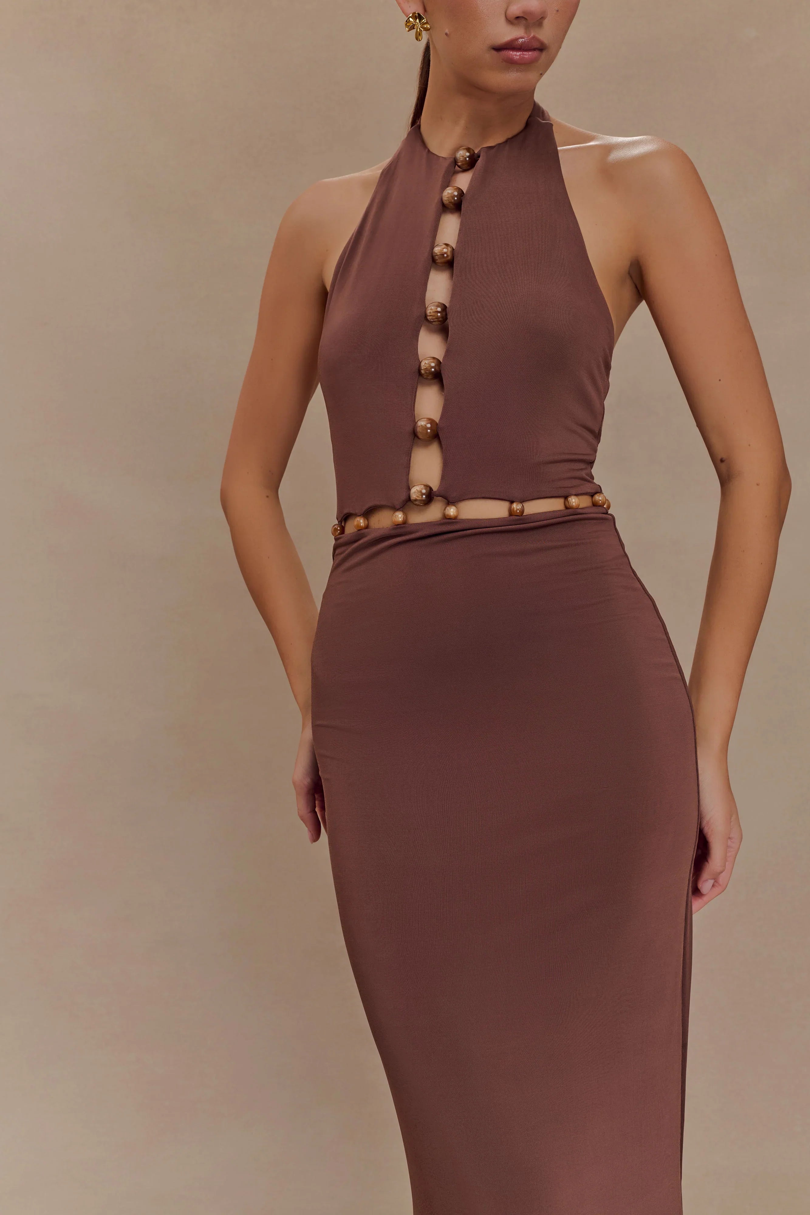 Albion Beaded Slinky Maxi Dress Chocolate